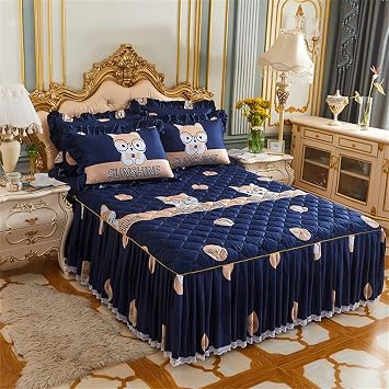 Bed Skirt King Size Bed Cover Quilted Thicken Non-Slip Bed Spread Queen Size Fitted Sheet with Cover Bedding Set,Blue,200 x 220cm 3pcs