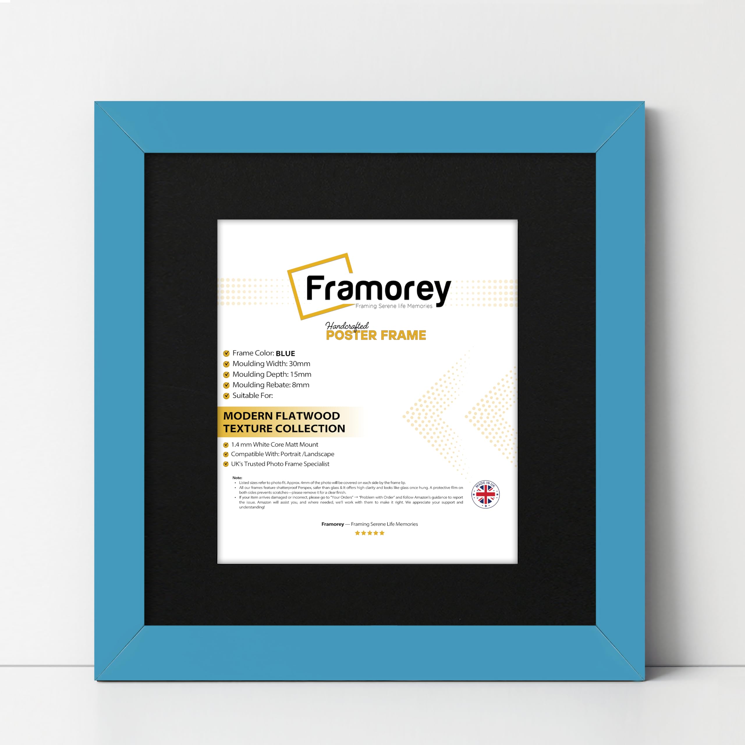 Framorey Framing Serene Life Memories Blue With Black Mount Framorey Square Oxford Flat Wooden Effect Picture Frame, 11X11" Size Blue Photo Frame With 9X9" Size Black Mount, Photo Print Frame, Best Photo Frames For Birthday Gift