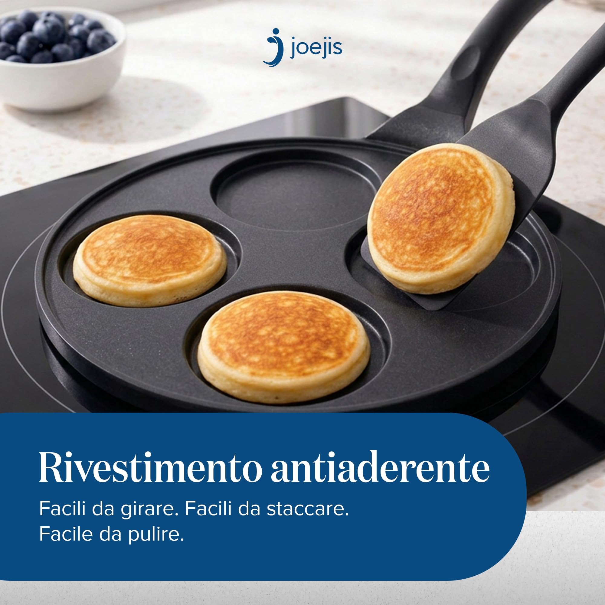 Joeji's Kitchen 4 Fori Padella Pancake 26cm - Induzione Antiaderent Padella Frittata Colazione - Nero