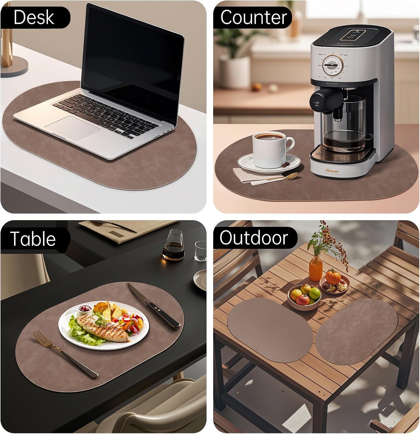 Oval Placemats Set of 6, Faux Leather Place Mats for Dining Table Dual Sided Placemats Heat Resistant Washable Wipeable Table Mats for Indoor Outdoor, Coffee