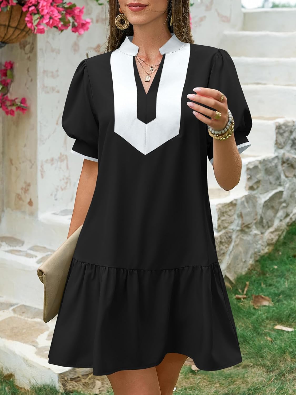 Wenrine Womens Summer Mini Dress Casual Short Puff Sleeve V Neck Color Block Loose Beach A Line Dresses with Pockets - Image 4