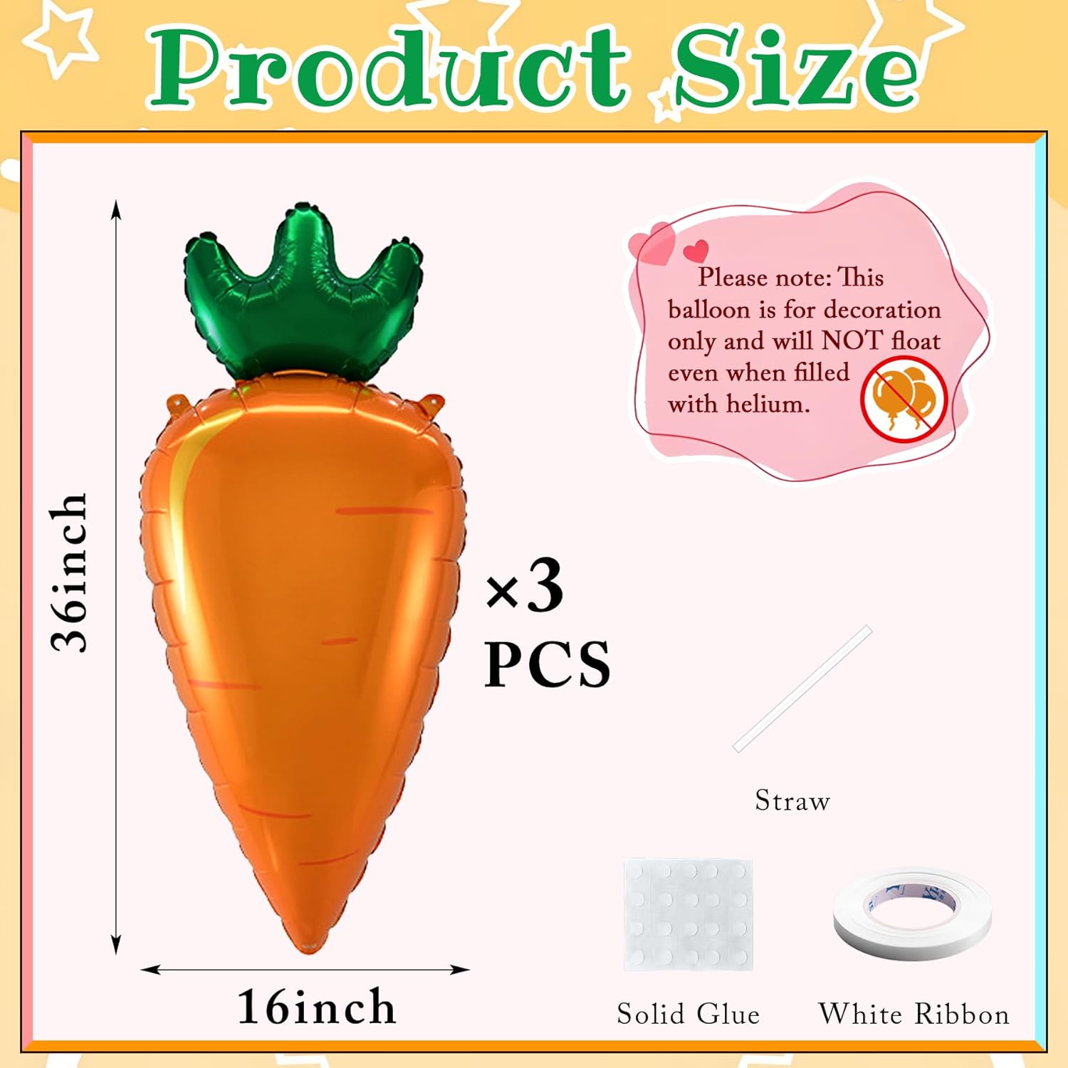 Easter Carrot Balloon Set 3PCS 36in Large Foil Carrot Decorations for Easter Party Spring Celebration Egg Hunt Home Decor and Photo Backdrops