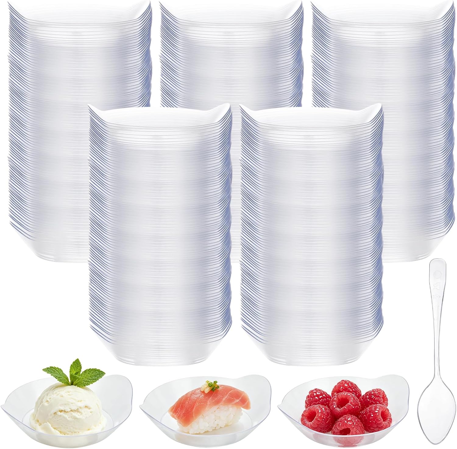 400PCS Mini Dessert Plates with Tasting Spoons, Clear, Leaf Shape