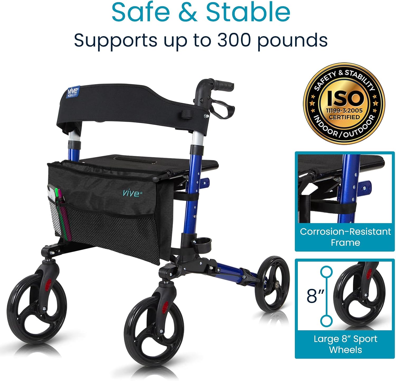 Vive Mobility Rollator Walker - Folding 4 Wheel Medical Rolling Walker with Seat & Bag - Mobility Aid for Adult, Senior, Elderly & Handicap (Ocean Blue, Black Bag) Ocean Blue Black Bag image 9 of 9 B0DK2J9NJD