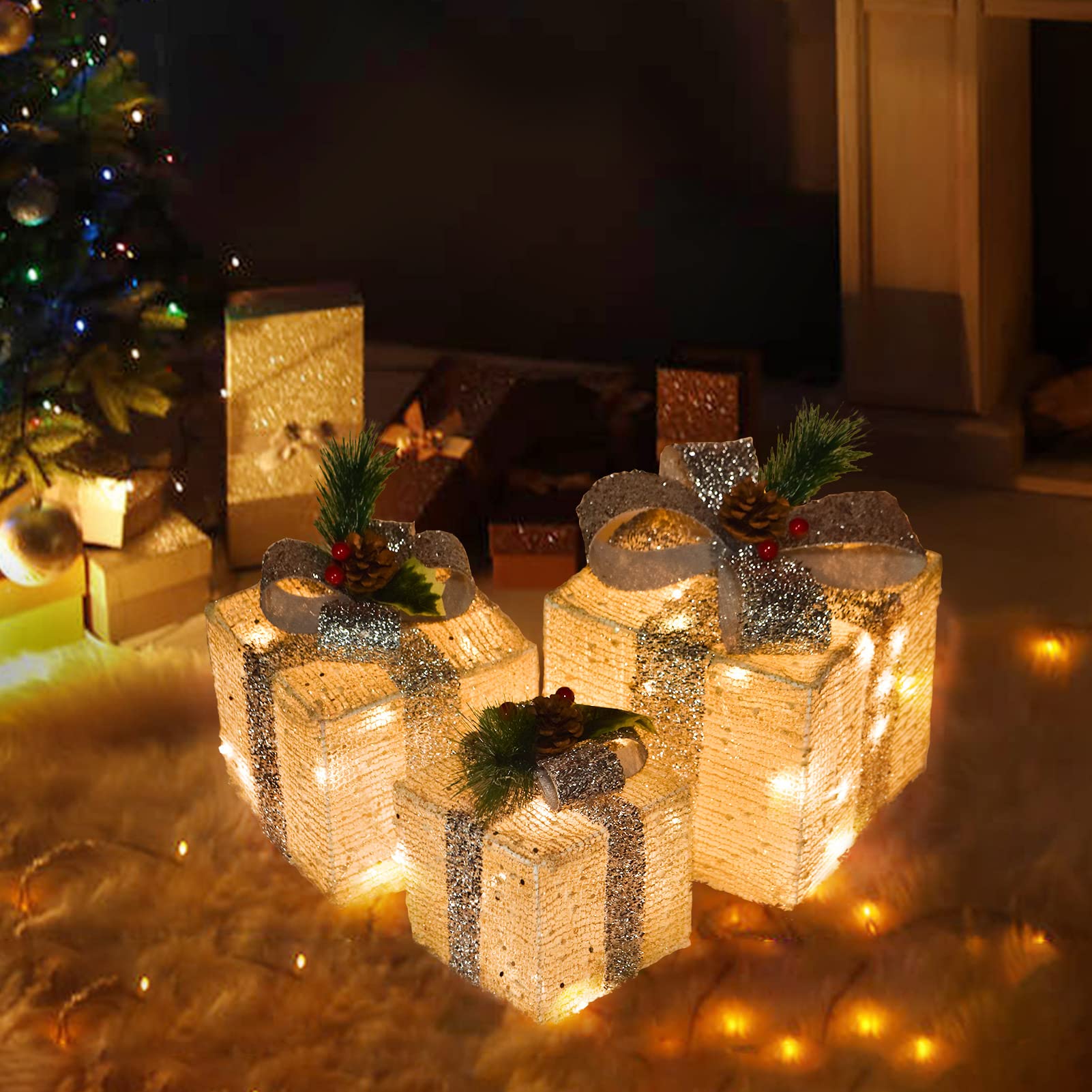 Set of 3 Christmas Lighted Gift Boxes Decorations, Pre-lit 60LED Warm Christmas Present Boxes with Warm White Lights, Battery Operated Christmas Lights Decor for Xmas Tree, Home, Party, Holiday,Indoor