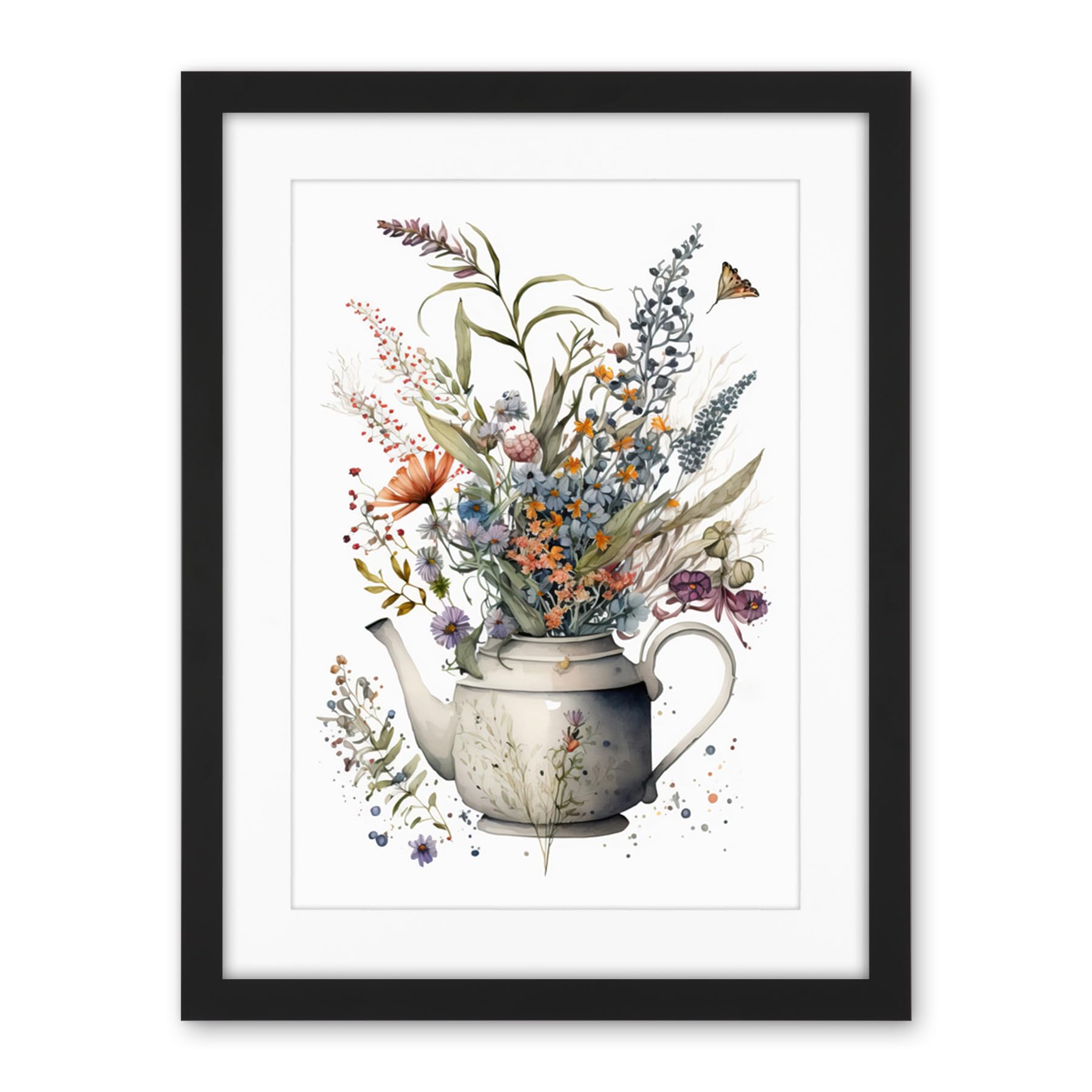 Artery8 Spring Wildflower Bouquet in White Ceramic Teapot Artwork Framed Wall Art Print 18X24 Inch