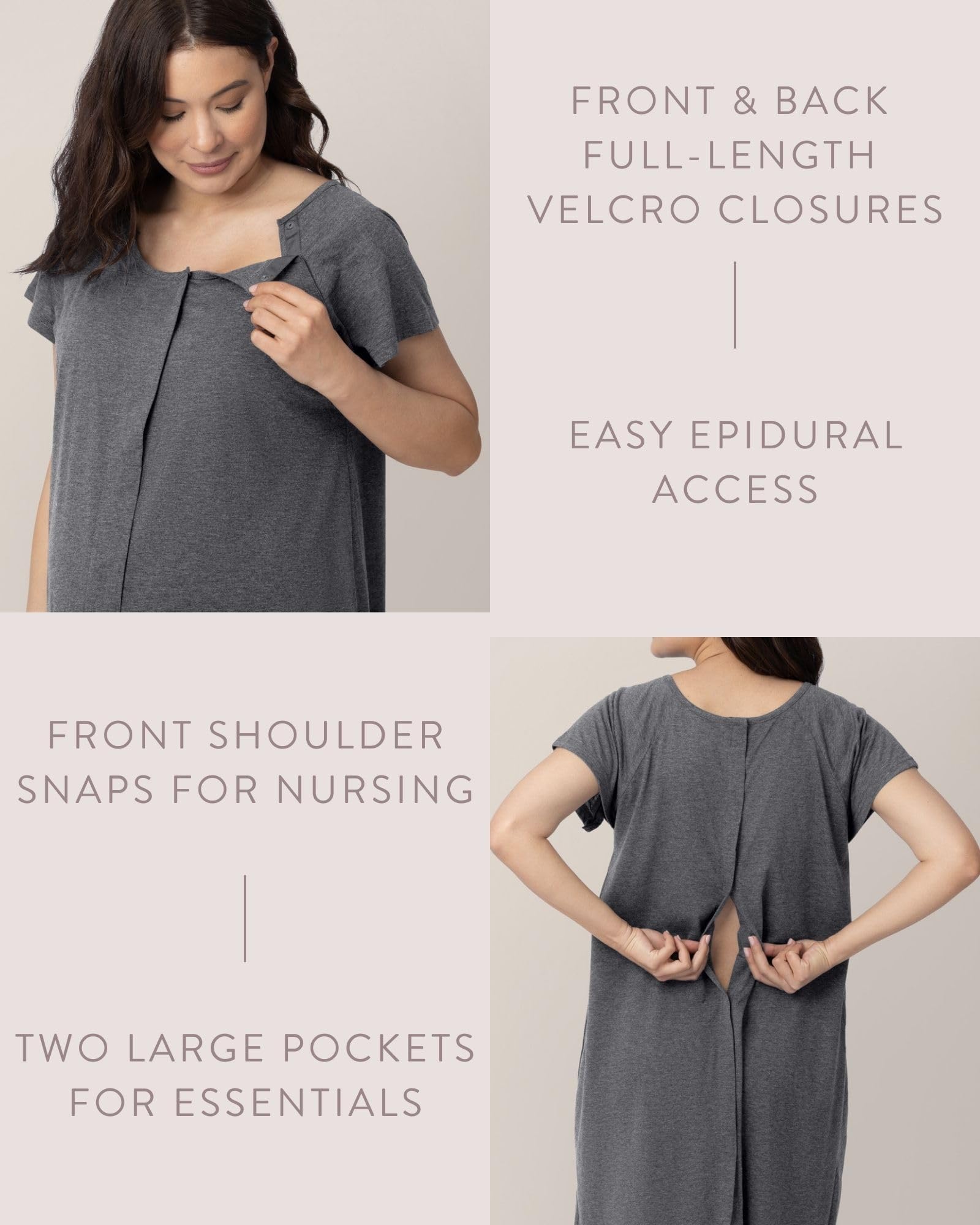 Kindred Bravely Universal Labor and Delivery Gown for Birthing and Nursing, Grey Heather, 1X/2X (fits baby bumps 52-57 in)