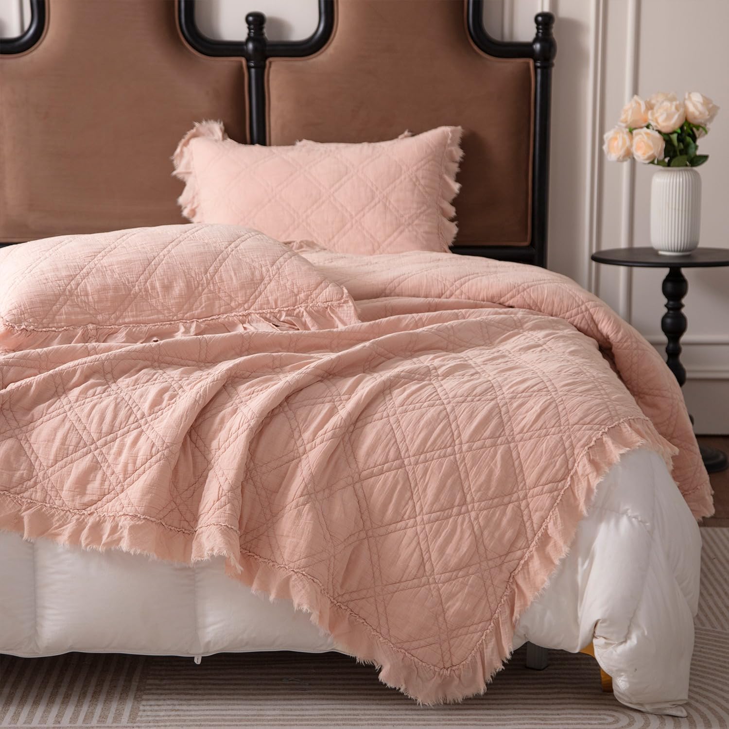 BOV Queen Quilt Set with 2 Pillow Shams, Stonewashed Fringed Edges Cotton Quilt Queen Bedspreads Full Size Bedding Sets, Quilted Cotton Coverlet Full Size Comforter Set All Season, Light Pink 96"X92"