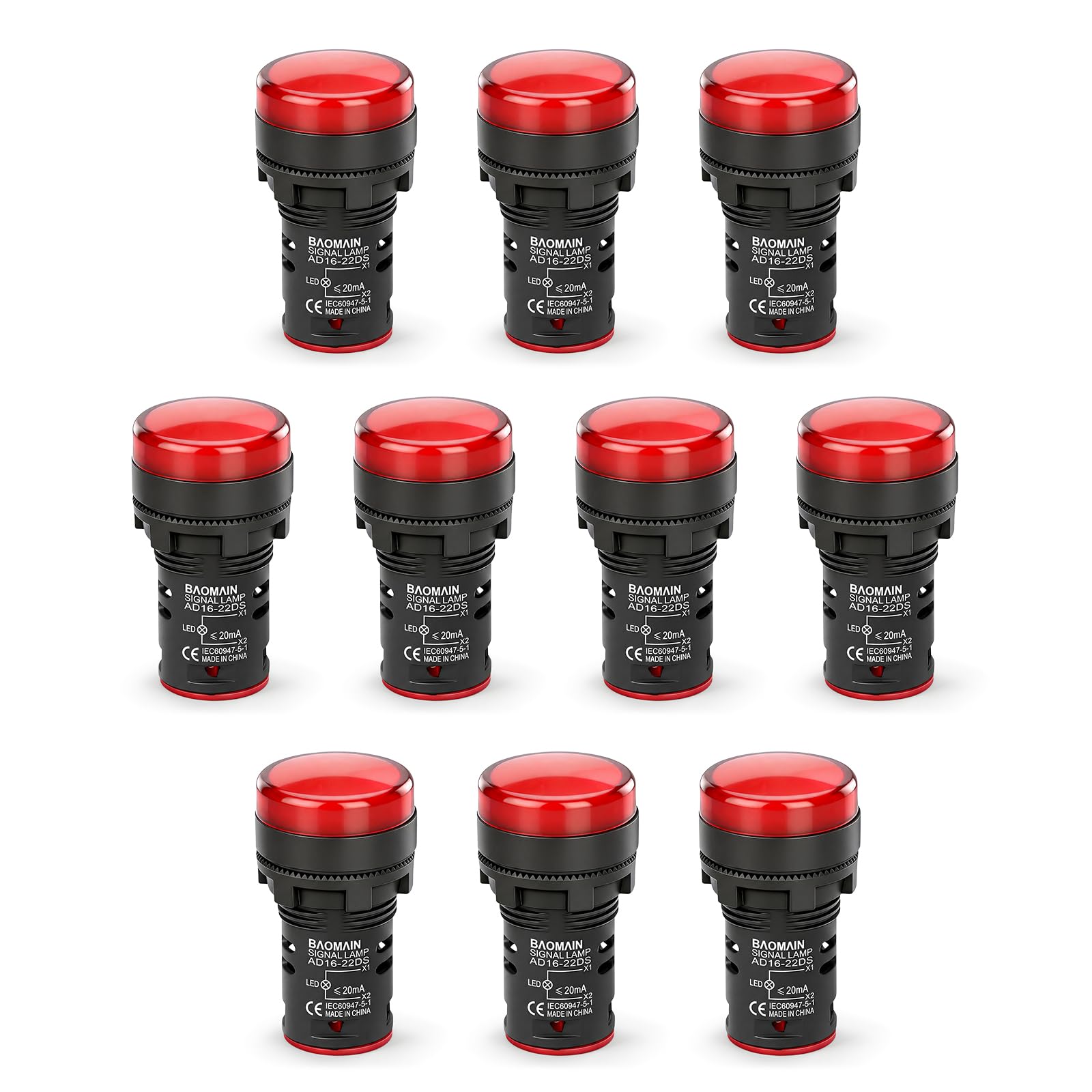 BAOMAIN 110V 22mm LED Industrial Indicator Pilot Light Red 10-Pack