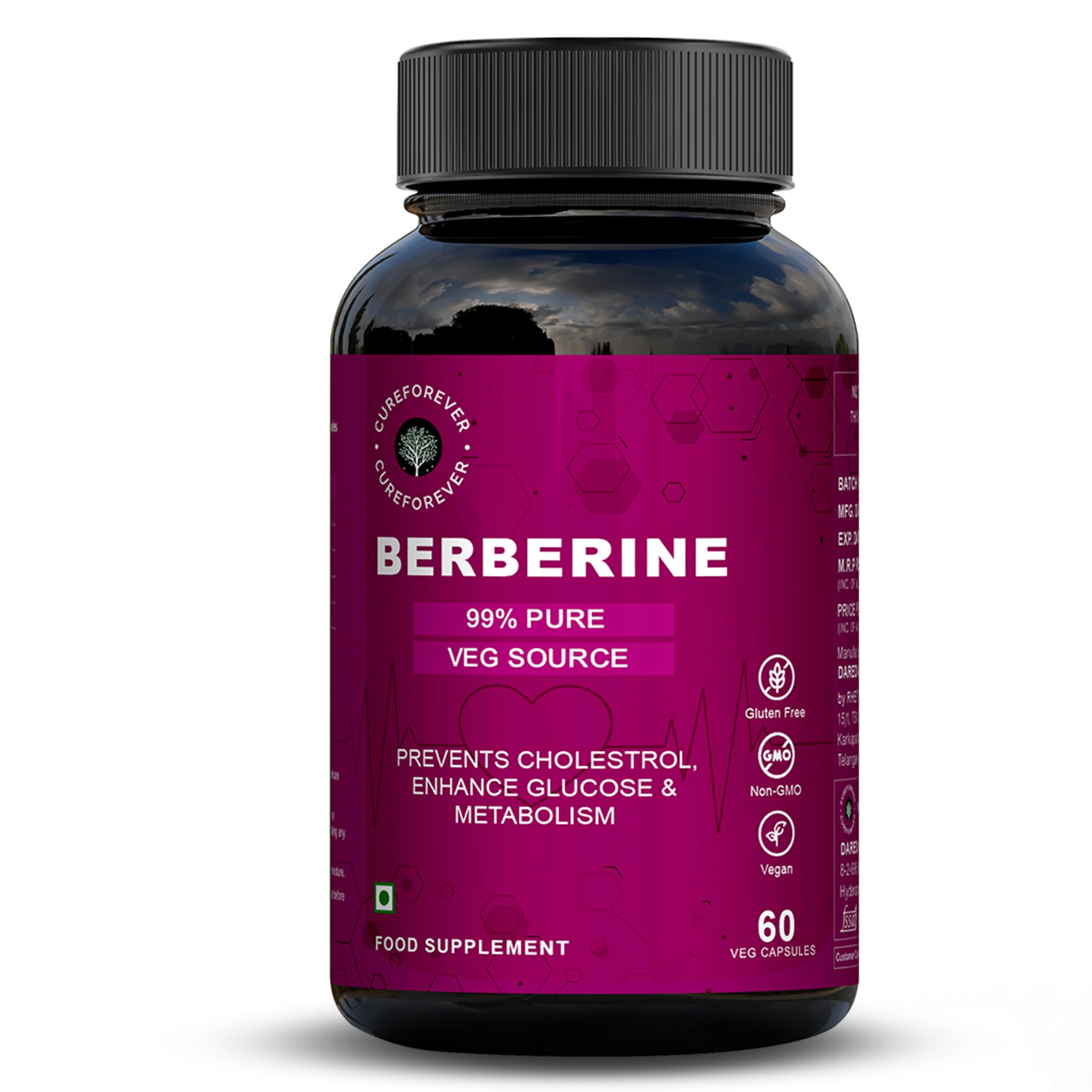 CUREFOREVER 99% Pure Berberine Capsule 1000mg (60 Veg Capsules) - Berberine Supplement Supports Cholestrol, Glucose & Metabolism | 30 Days Serving - High Strength, Berberis Vulgaris