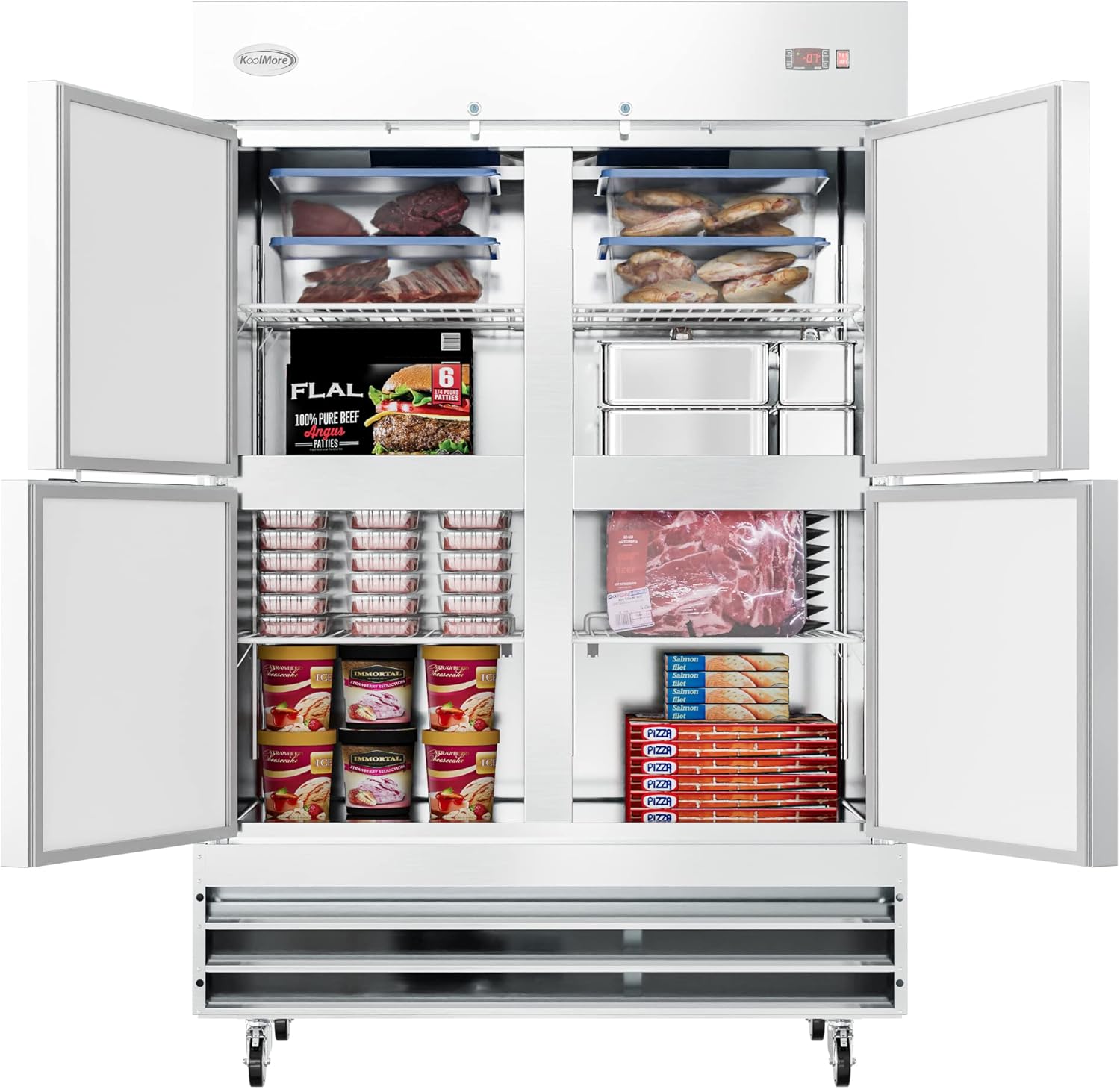 KoolMore RIF-2D-SSHD Commercial Stainless-Steel Reach-in Freezer with Half Door Access for Restaurant, Cafe, and Frozen Food Storage, Large 47 Cu. Ft. Capacity, Heavy Duty Kitchen Use, 4, Silver