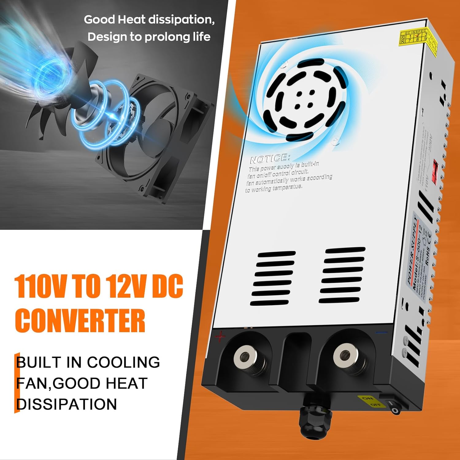 IMAYCC power converter with a diagram showing the internal cooling fan for heat dissipation