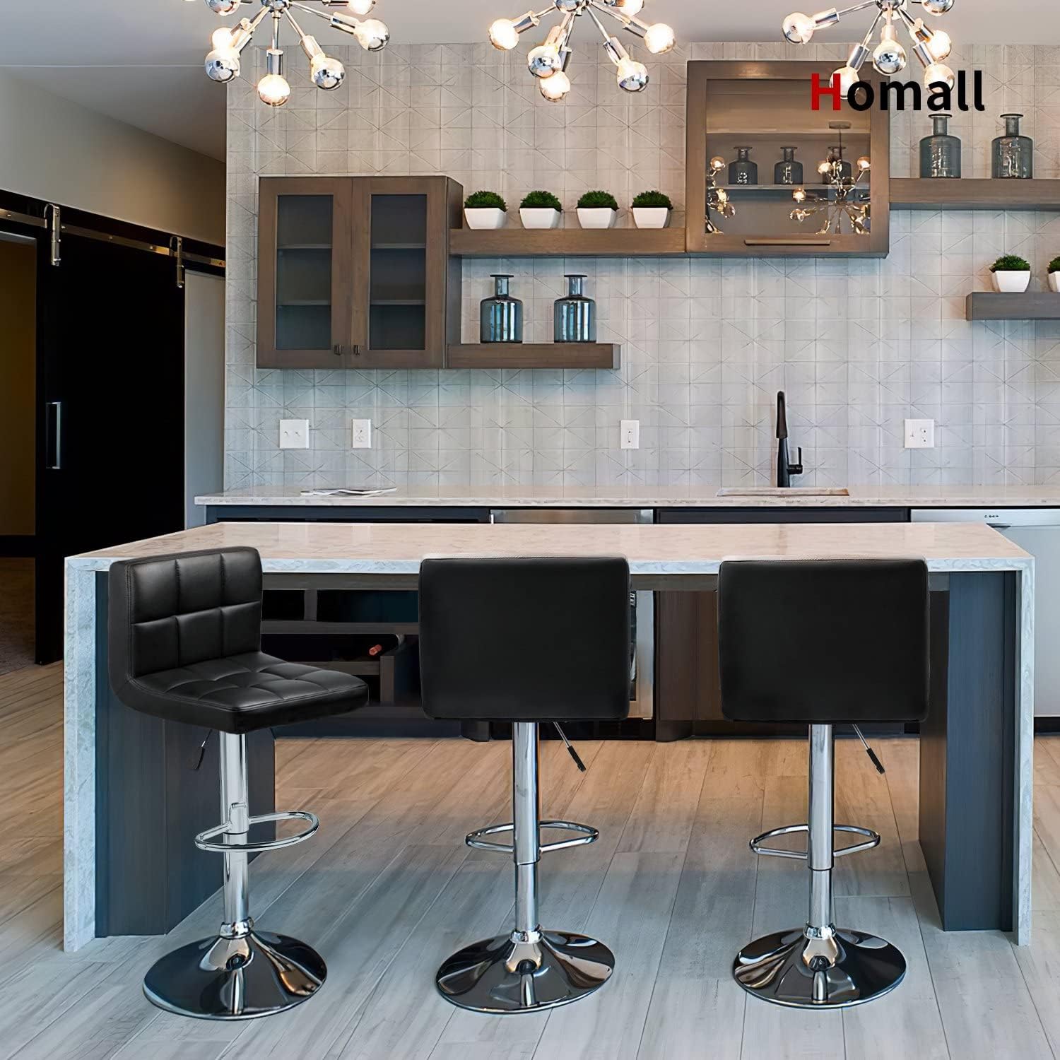 Barstool Set of 2 PU Leather Height Adjustable | Bulk Continental | Swivel Bar stools, Hydraulic Kitchen Counter Square Island Bar Stool with Back - Black