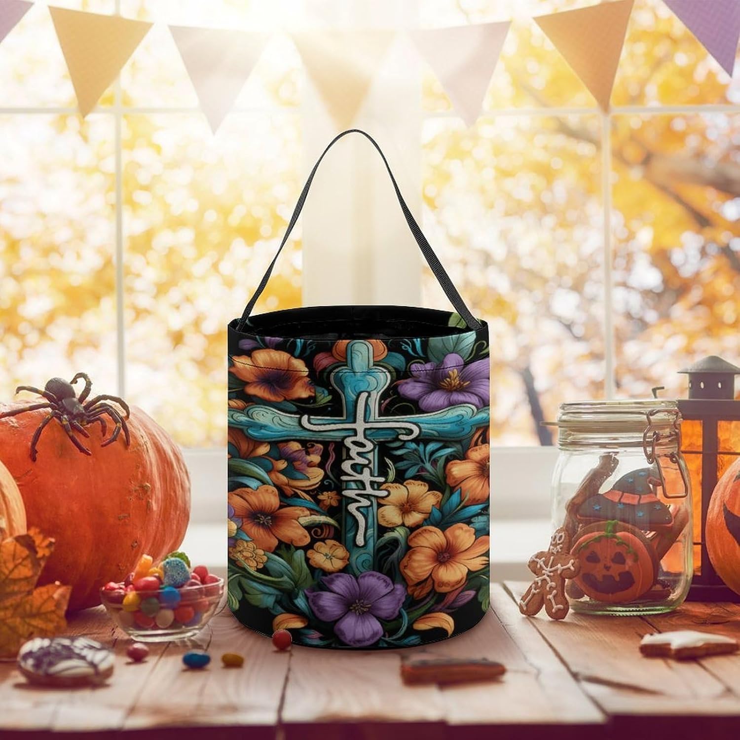 LYHVSFJW Halloween Basket Large Capacity Candy Bags Christ Crosses Flowers_ image 5