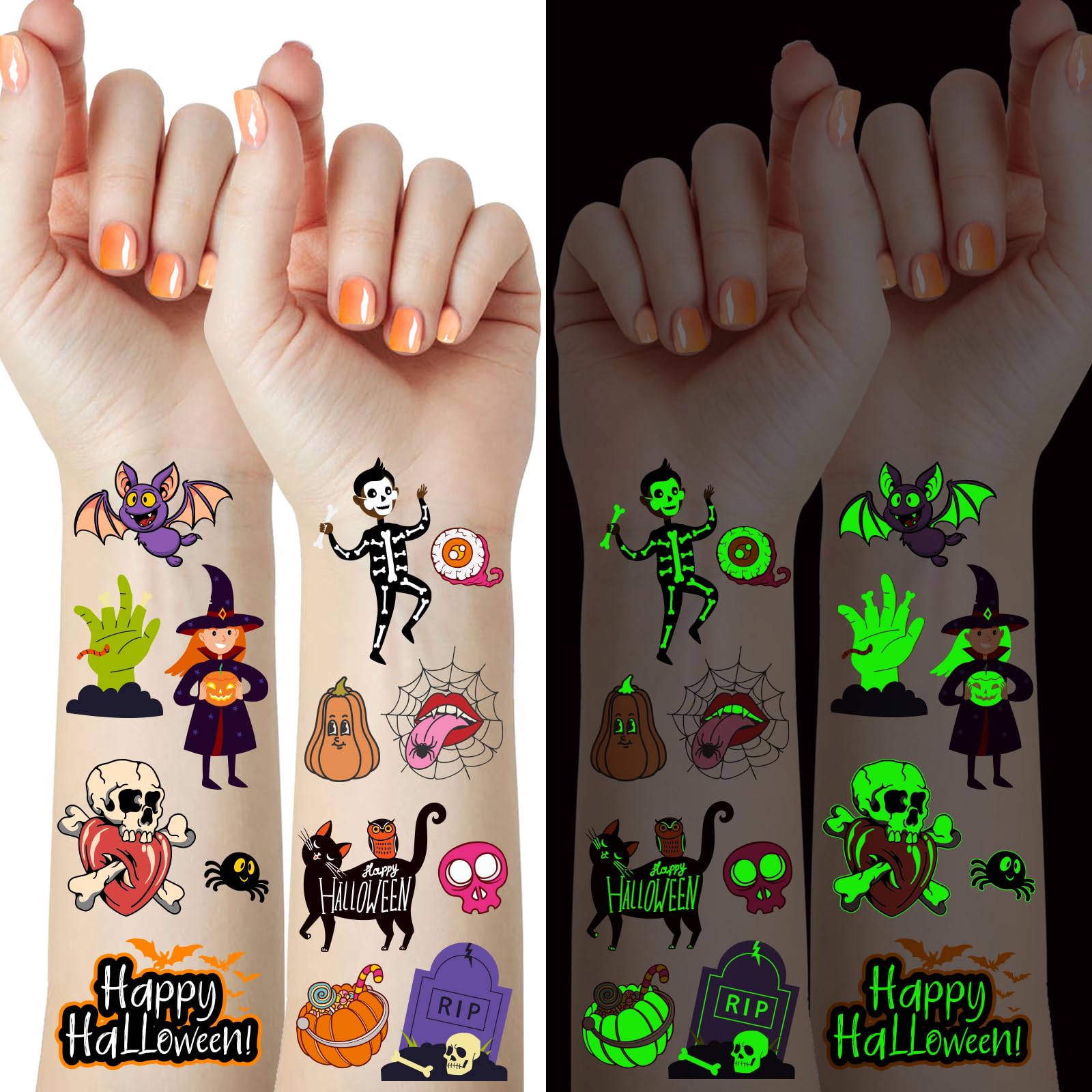 65 Pieces Glow Halloween Tattoos for Kids, Luminous Halloween Party Supplies, Glow In Dark Halloween Decorations, Trick or Treat Skeletons, Ghosts, Pumpkins, Witch Temporary Tattoo Stickers