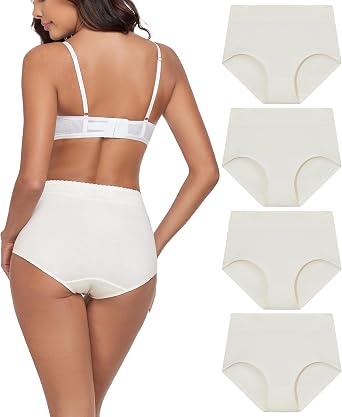 ANLIQI Women Underwear Cotton High Waist Tummy Control Panties Full Coverage Briefs Soft Stretch Ladies Breathable Underpants, 4*off White, M