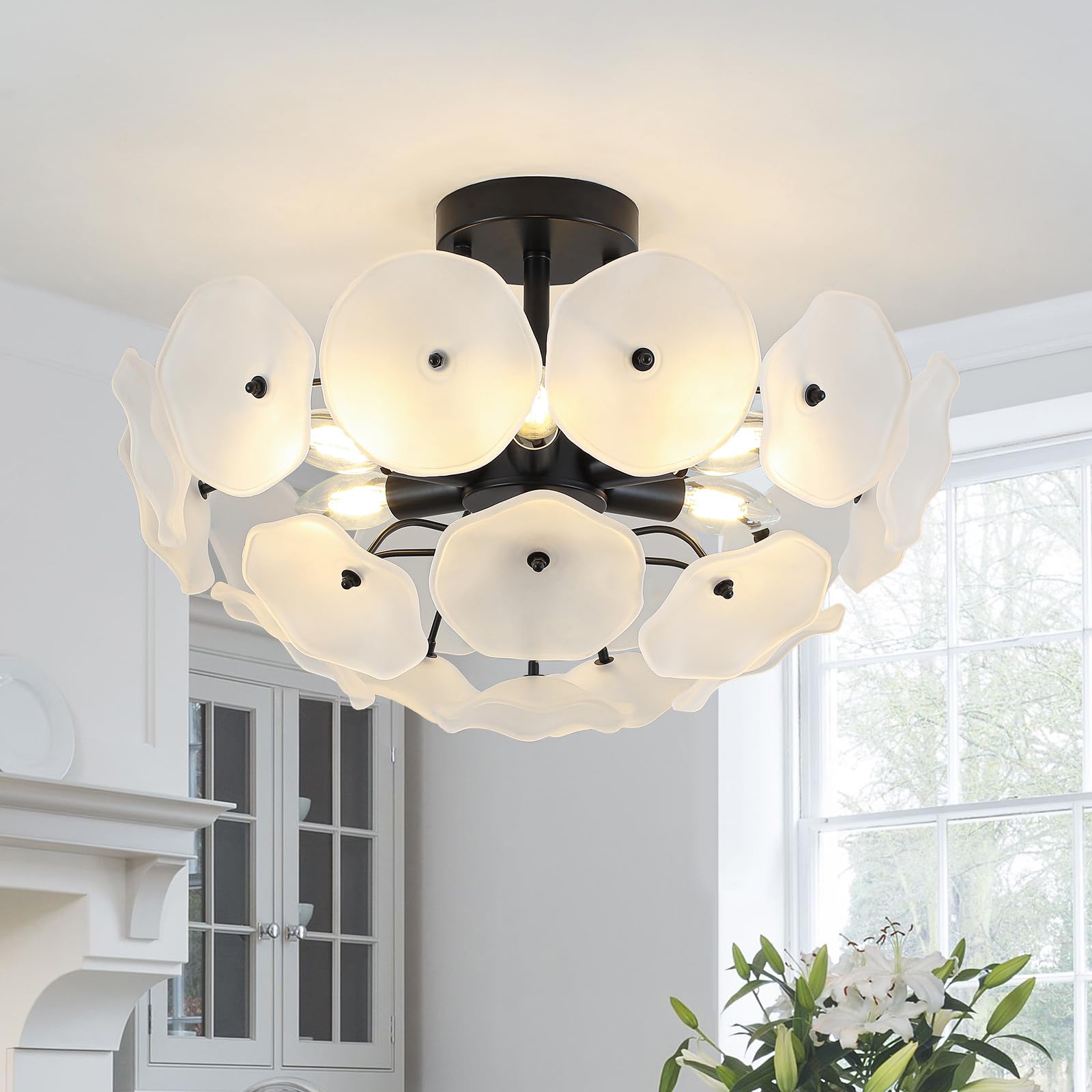 JHLBYL Black Metal Semi Flush Ceiling Light, 6-Light Pickled White Glass Lotus Leaf Ceiling Lamp, Dimmable E14 Sockets, 49cm Low Profile Ceiling Fitting for Bedroom, Living Room, Kitchen, Hallway