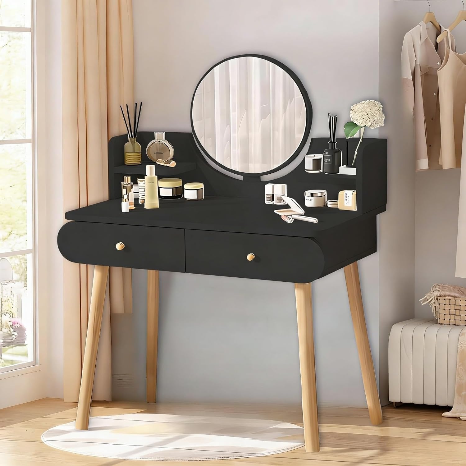 Makeup Vanity Table Set with Mirror, Medium Density Fiberboard Modern Makeup Vanity Dressing Desk with 2 Drawers and 2 Shelves, 31.5"(L)*15.7"(W)*47.2"(H), Black (Without Stool)