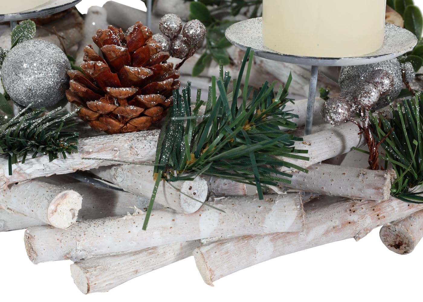 Corona de Adviento HWC-M12, arreglo de Adviento, corona de mesa, decoración navideña para la mesa, corona de madera plateada y blanca de 30 cm de diámetro - con velas
