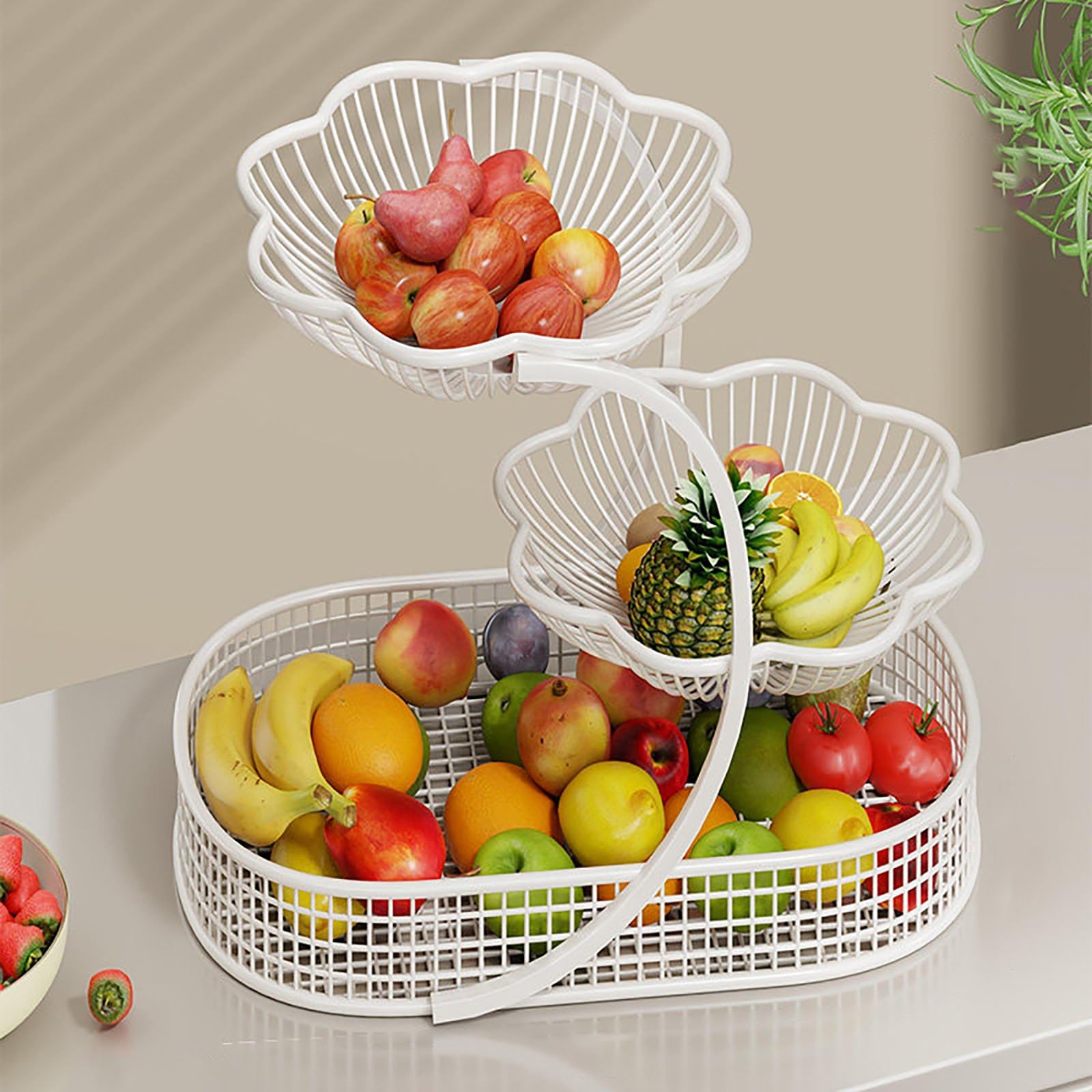 Large Metal Fruit Basket For Kitchen Counter Deep Wire Bowl Vegetable Storage Countertop Organizer For Bread Snacks(White)