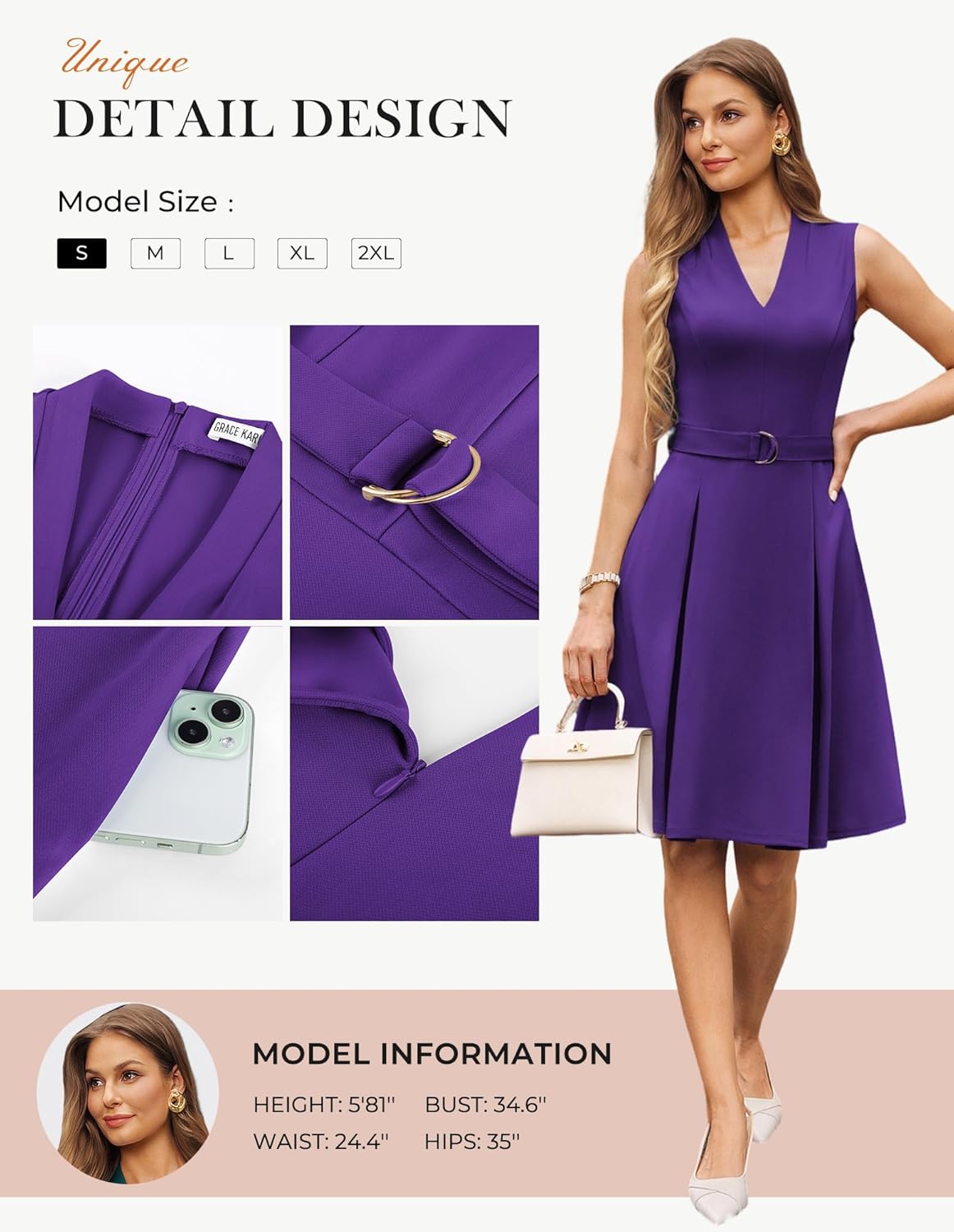 GRACE KARIN Work Dresses for Women 2026 V Neck Fit and Flare Midi Dresses Office Business Dress with Belt and Pockets - Image 6