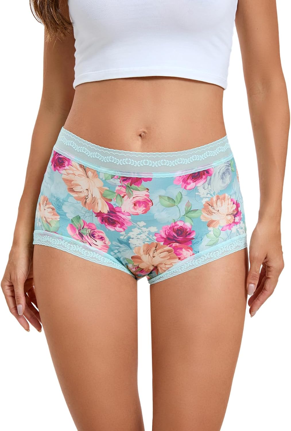 Morvia 4-Pack Women's Floral Print Romantic Lace Trims Brief Hipster Boyshorts Panties Breathable Landies Underwear Panty Set - Image 2