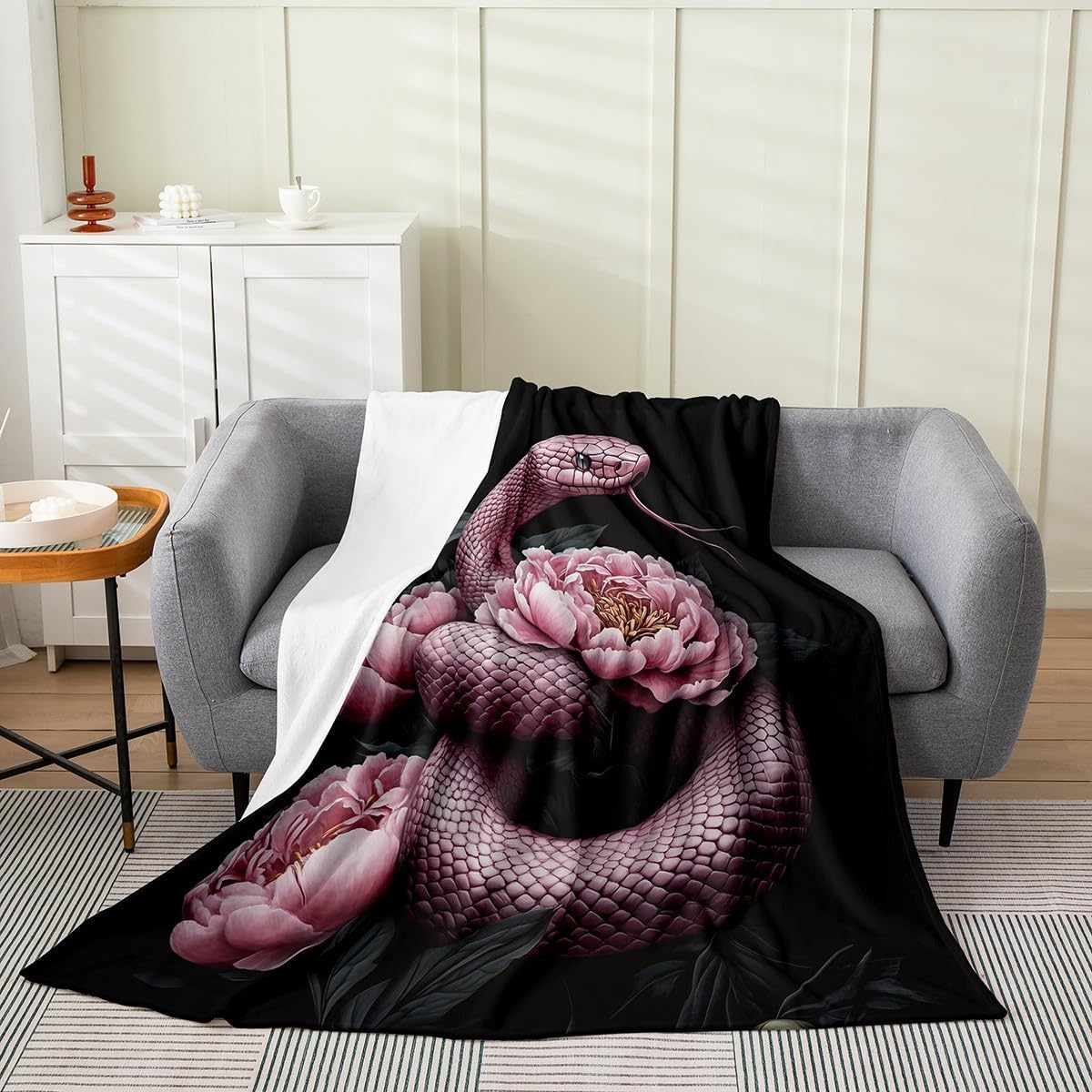Snake Fleece Blanket 3D Coiled Snake Pink Reptile Blankets for Kids Teens Present Luxury Peony Flower Throw Blanket Wildlife Twin 60x80 Inch Living Room Decor Flannel Blankets