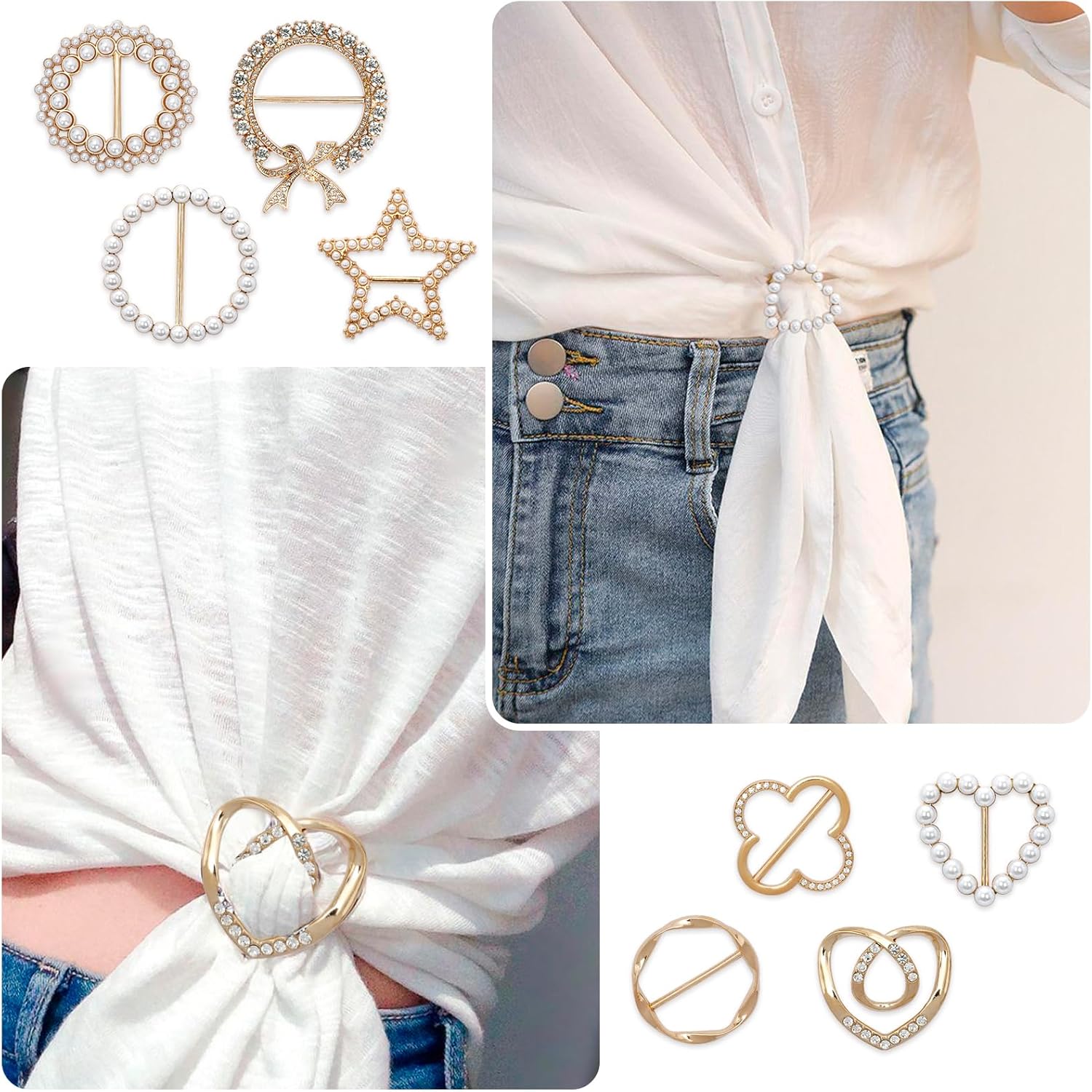 8PCS Scarf Ring Clip T-shirt Ties Clips Clothes Corner Knotted Button for Women Fashion Metal Round Circle Shirt Clip Buckle Side Waist Tightener Clips Loose Clothing Wrap Holder (Gold） - Image 4