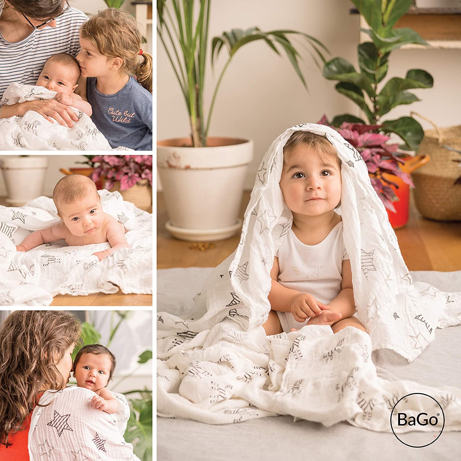 Mussole Neonato Bago® - 100% Cotone Biologico Certificato Gots - 120 X 120 - Mussola Copertina Lenzuola Culla Neonati - 2 Fantasie - Sacchetto Protettivo Da Trasporto - Regalo Bebe Per Bimba E Bimbo