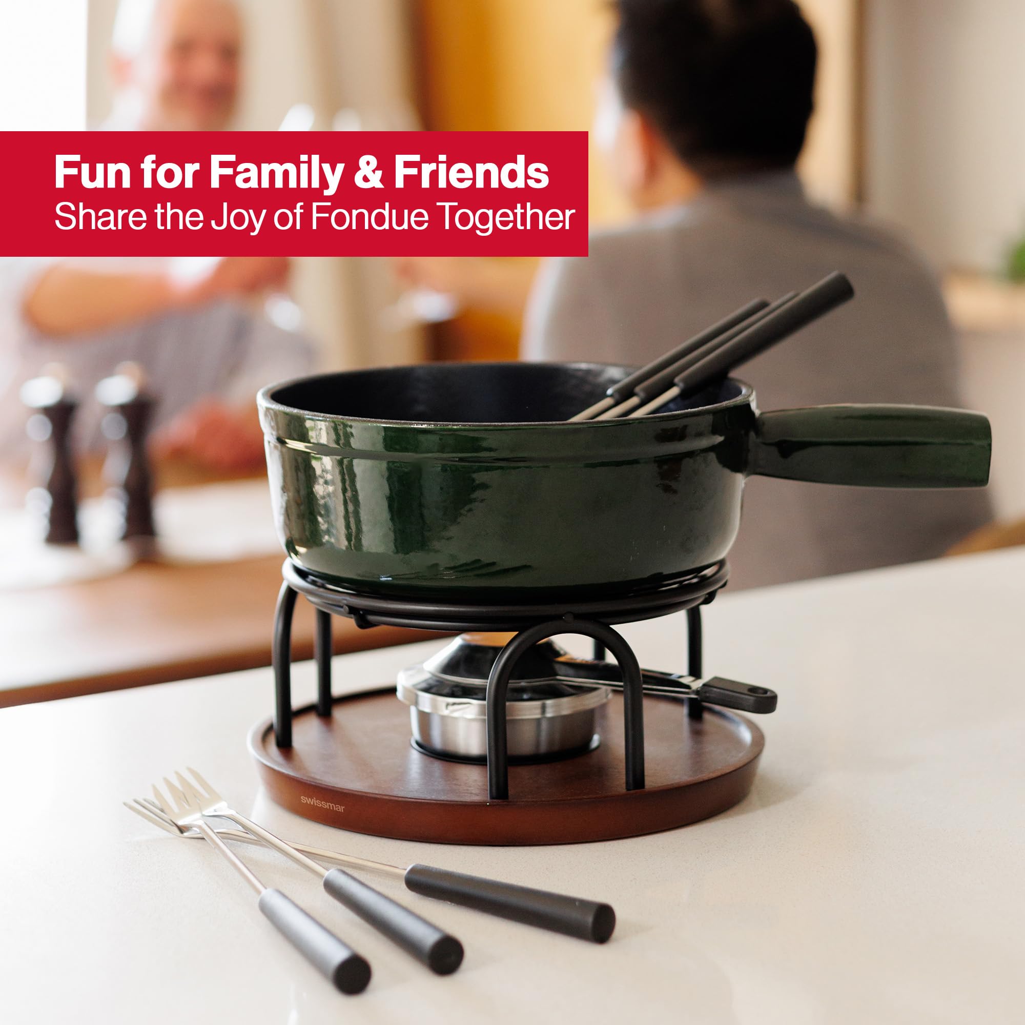 Swissmar Ticino Gusseisen Fondue Set für 6 Personen, 2L, Grün, Fondueset 9-teilig mit Brenner und 6 Gabeln, Käsefondue für Käsemischungen wie Gruyère und Emmentaler