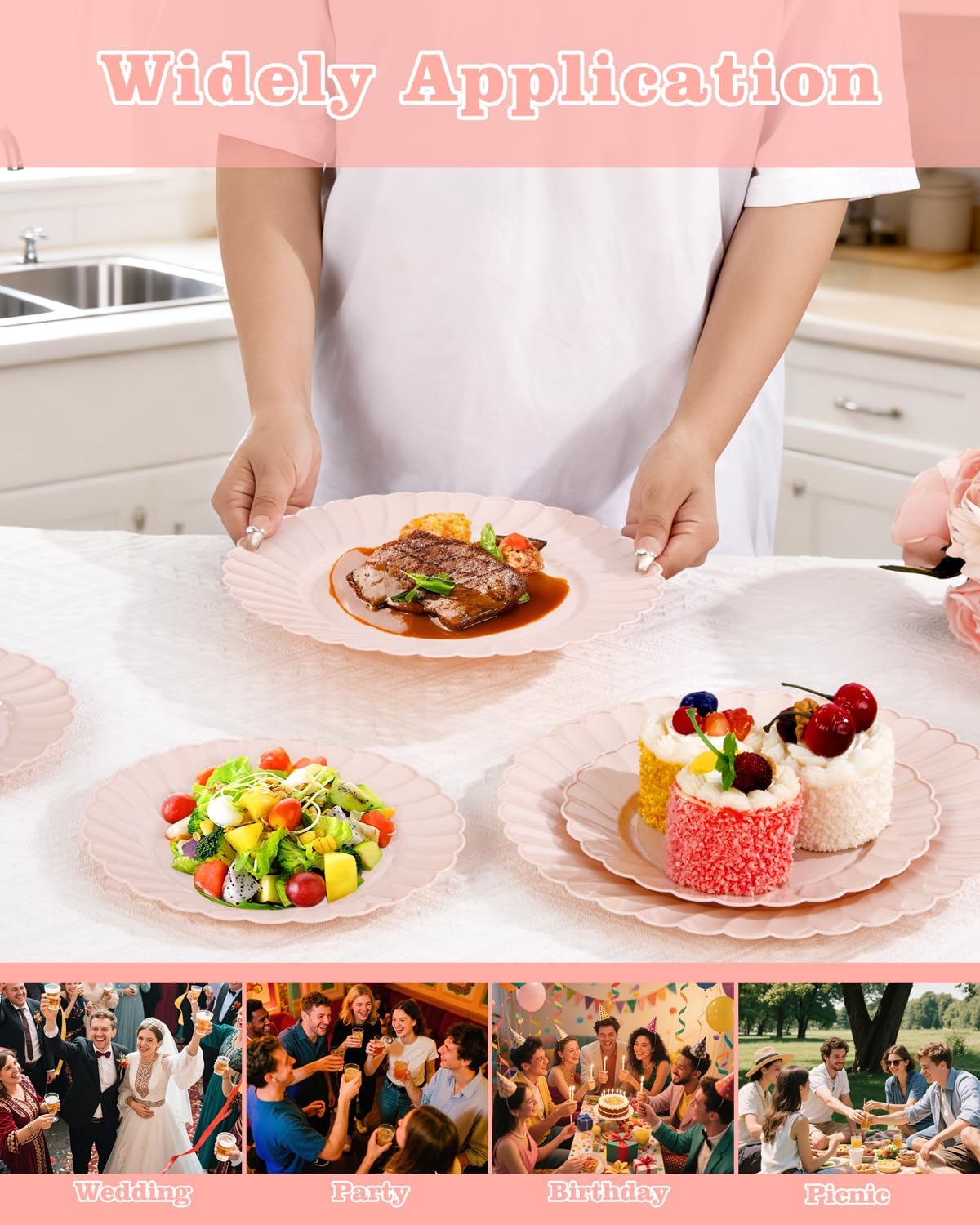 YOUBET 100PCS Pink Scalloped Plastic Plates - Heavy Duty Pink Disposable Fancy Hard Plates Include 50 Dinner Plate, 50 Dessert Plate, for Wedding & Party Easter Mothers Day