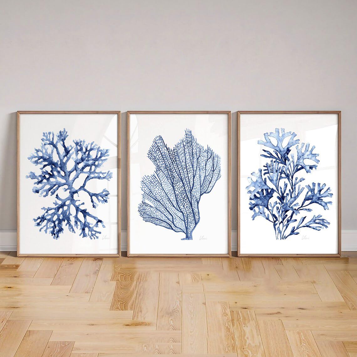 Home Decor Wall Art 3 Pieces Coral Seaweed Botanical Poster Navy Blue Watercolor Prints Canvas Painting Framed Artwork for Beach House Decoration with Inner Frame