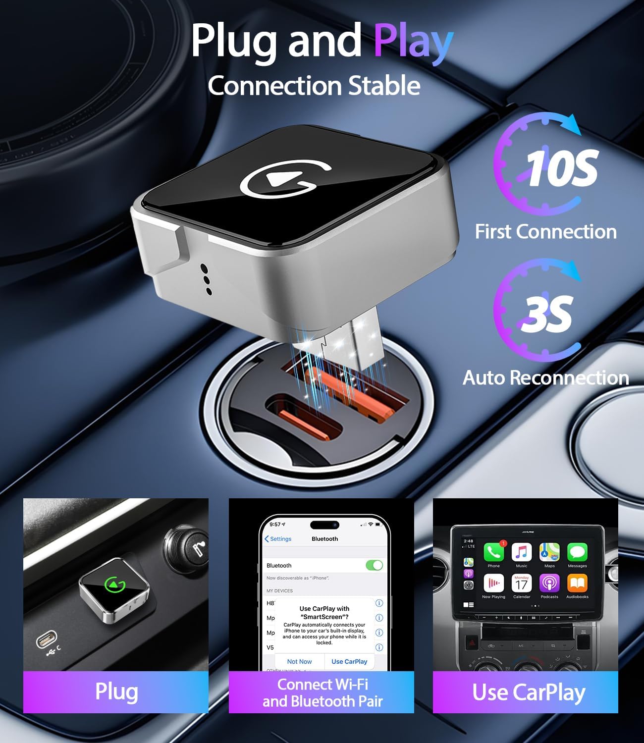 2026 Upgraded Wireless CarPlay Adapter for iPhone & Android Auto, Converts Wired to Wireless Car Play, 3-Second Auto Connect & Stable Zinc Alloy Material, Mini Plug & Play, with USB-A & Type-C
