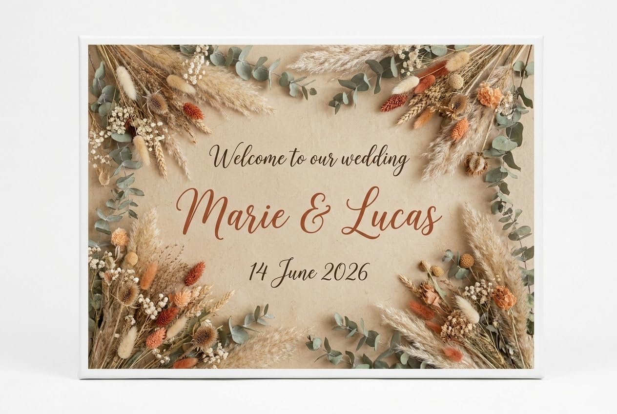 Bkcreations Terracotta And Sage Green Personalised Boho Rustic Wedding Canvas With First Names And Date - Welcome Sign - Pampas Grass Eucalyptus Wedding Decor (120 X 80 Cm)
