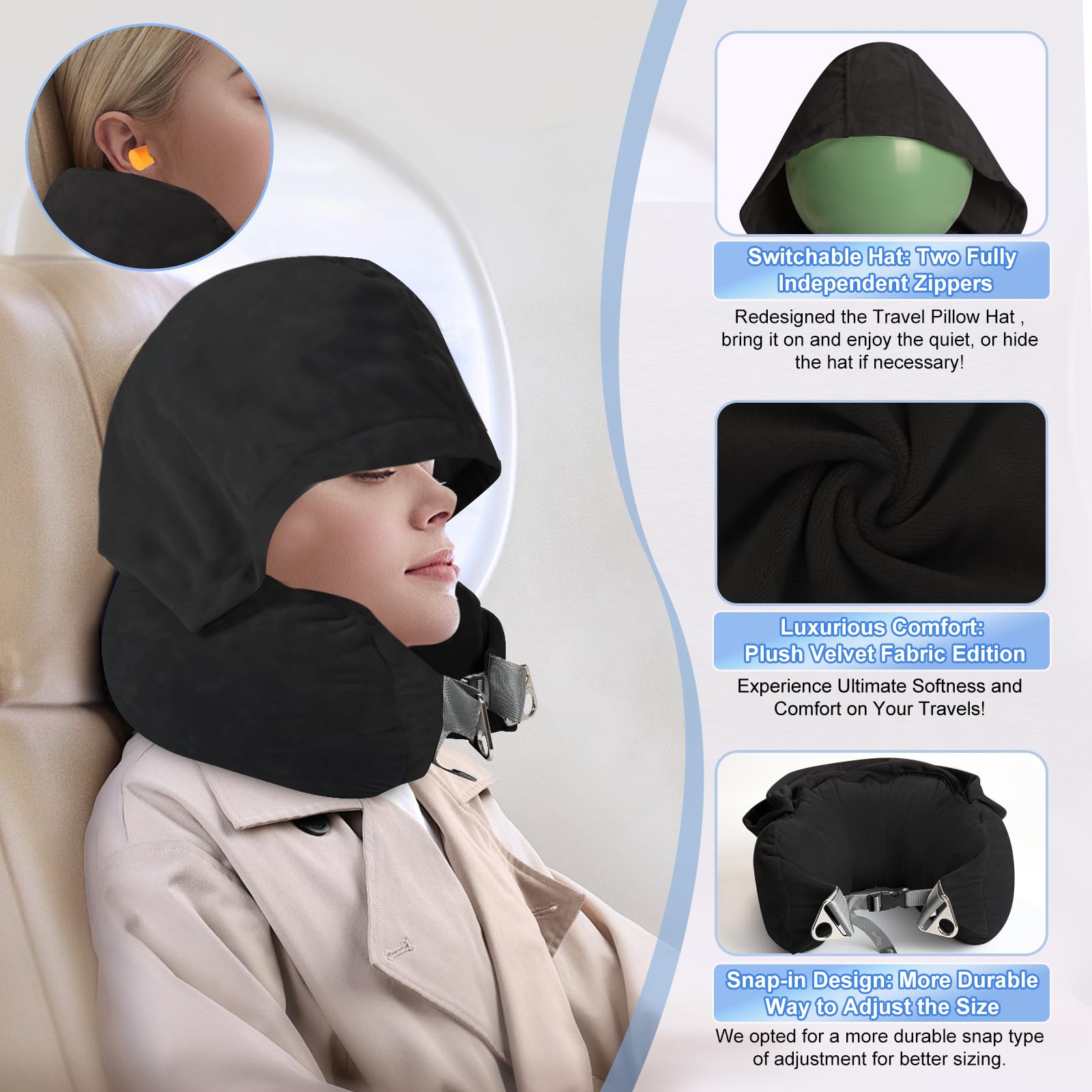 DreamShore Cuscino da viaggio imbottito da viaggio con cappuccio, cuscino da viaggio regolabile in velluto con tappi per le orecchie e maschera per gli occhi, cuscino da viaggio per trasporto in aereo
