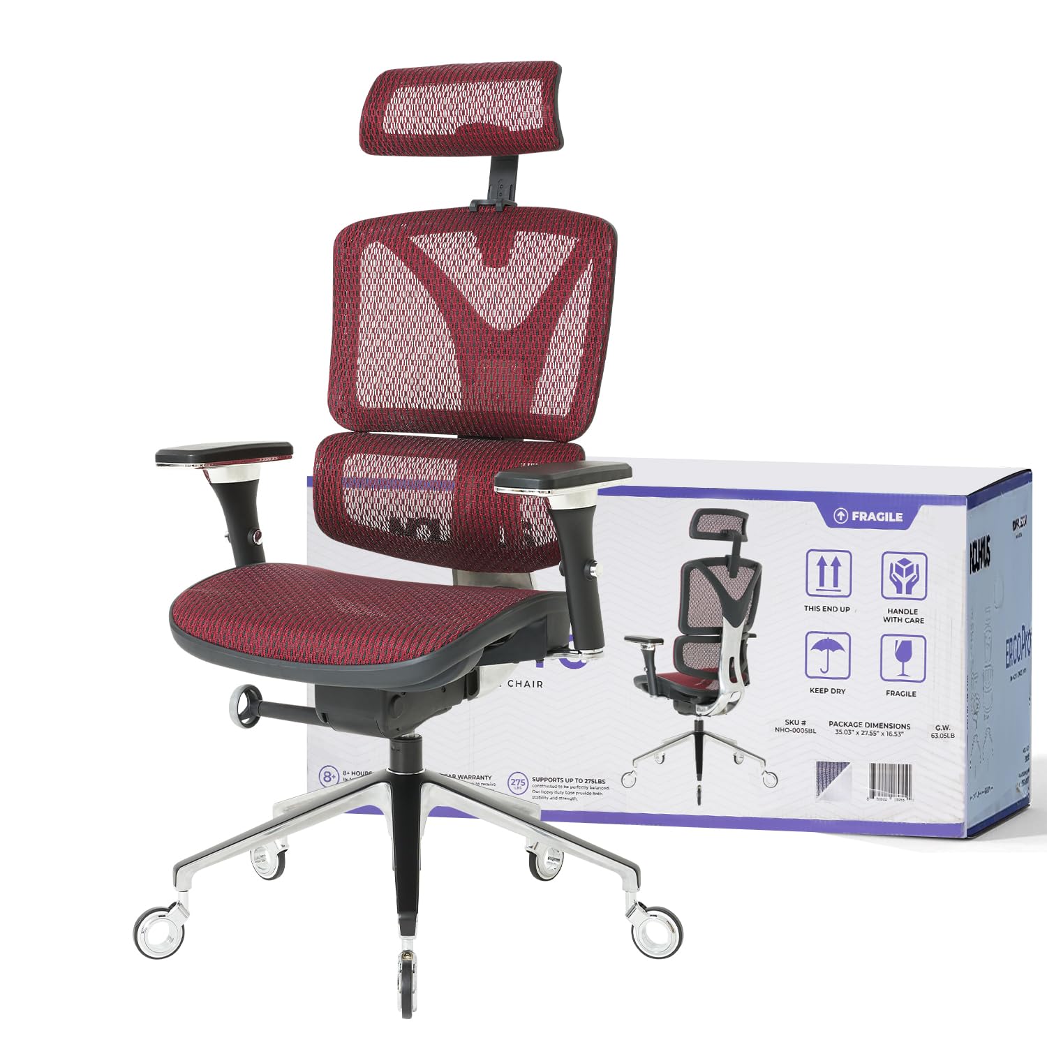 Nouhaus Ergonomic Office Chair Lumbar Support Aluminum Alloy Backrest, High Back Mesh Computer Desk Chair with Adjustable Headrest, 4D Armrest and Premium Wheels(ErgoPRO,Burgundy)