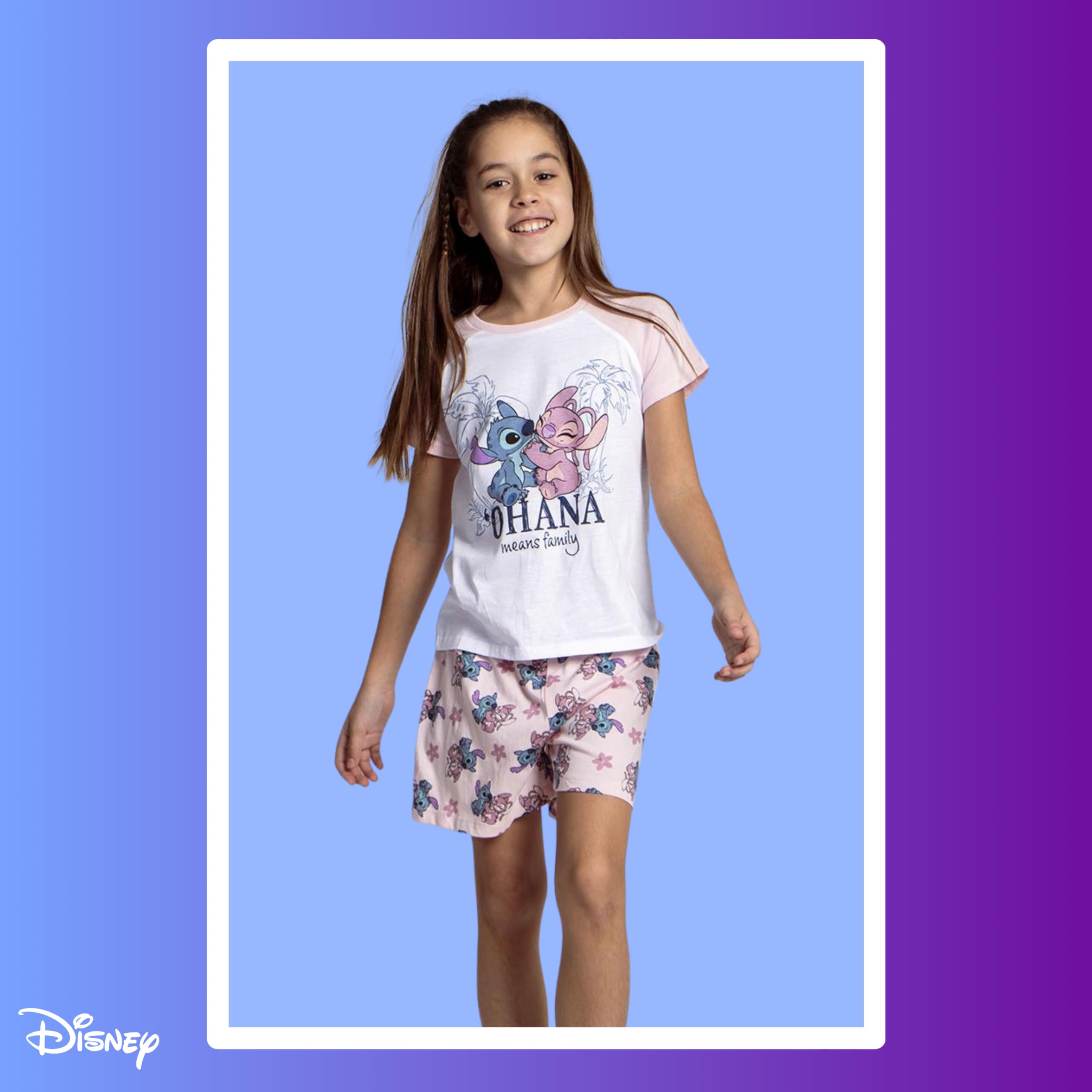 Disney Stitch T-Shirt et Short pour Fille, Pyjama en Coton Doux, Ensemble D'été 2 Pièces Stitch et Angel, Tailles 8 à 14 Ans