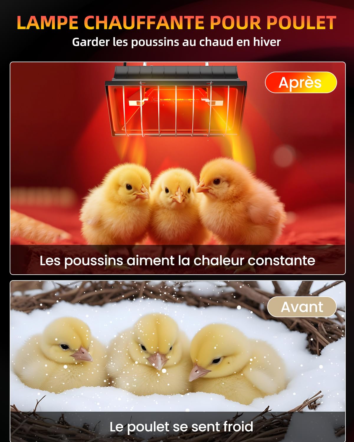 GlowUp Lampe Chauffante Poussin 275W, Inclure 2x 175W Ampoules de Chauffage Infrarouges, Lampe Chauffante Chiot pour Volailles, Poulet Coop, Poulet Broyeur, Canard, Cochons, Agneaux (Noir)