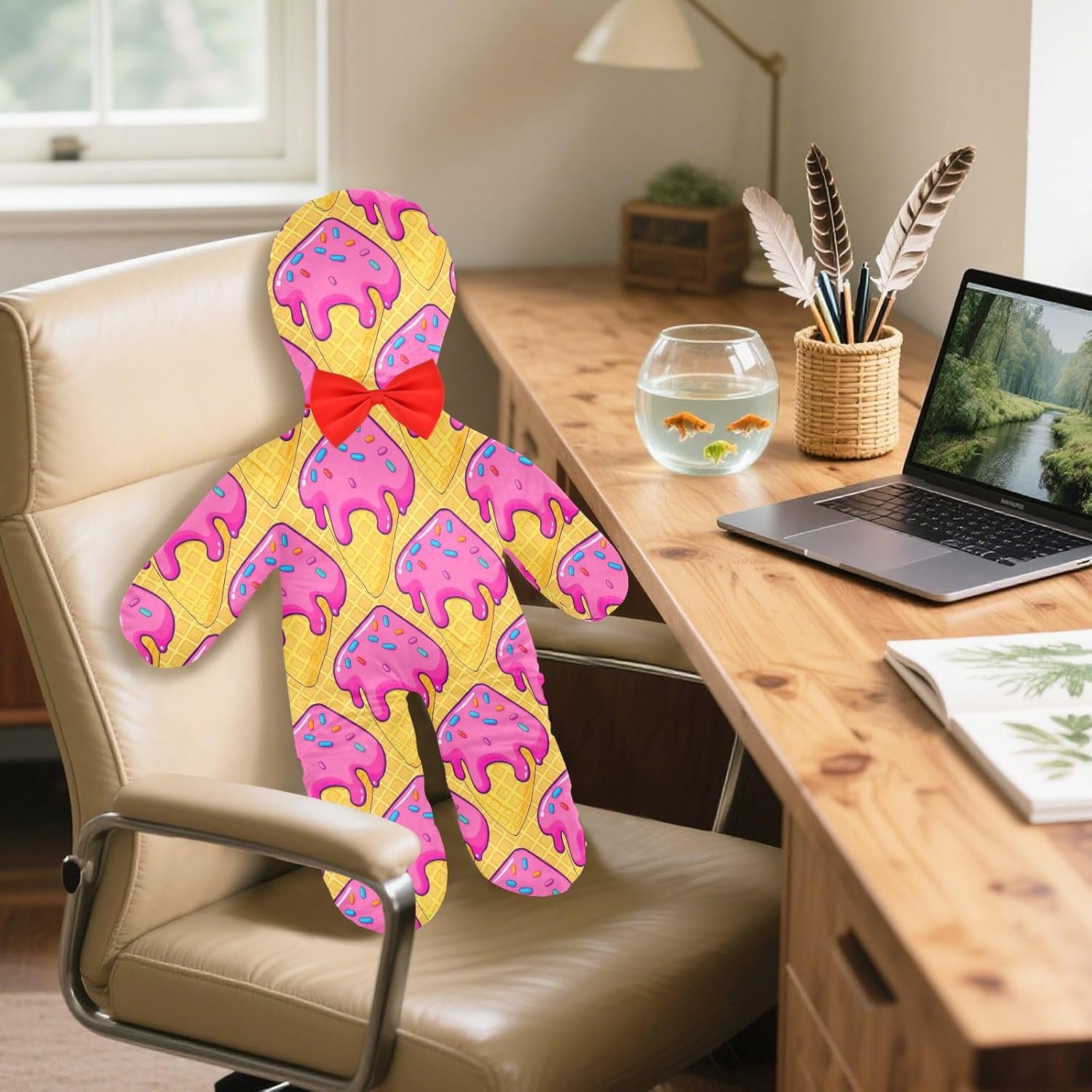 Ice Cream Waffle Cone Human-Shaped Pillow Soft Body Pillows Washable Velvet Pillows for Anxiety Relief Sleeping Cuddling & Support