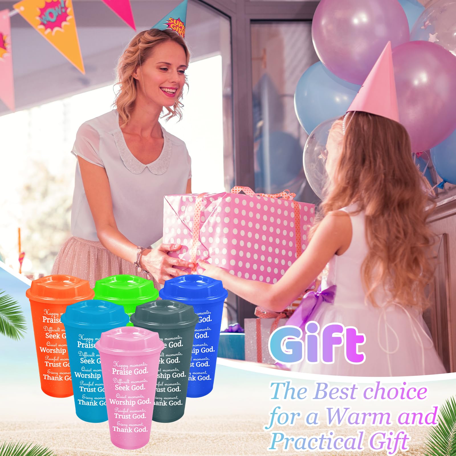 Malloom Lot de 28 tasses à café chrétiennes en plastique avec couvercles, 473,6 g, verset de la Bible, réutilisables – Cadeaux inspirants chrétiens pour femme, amie, collègue, anniversaire, Noël