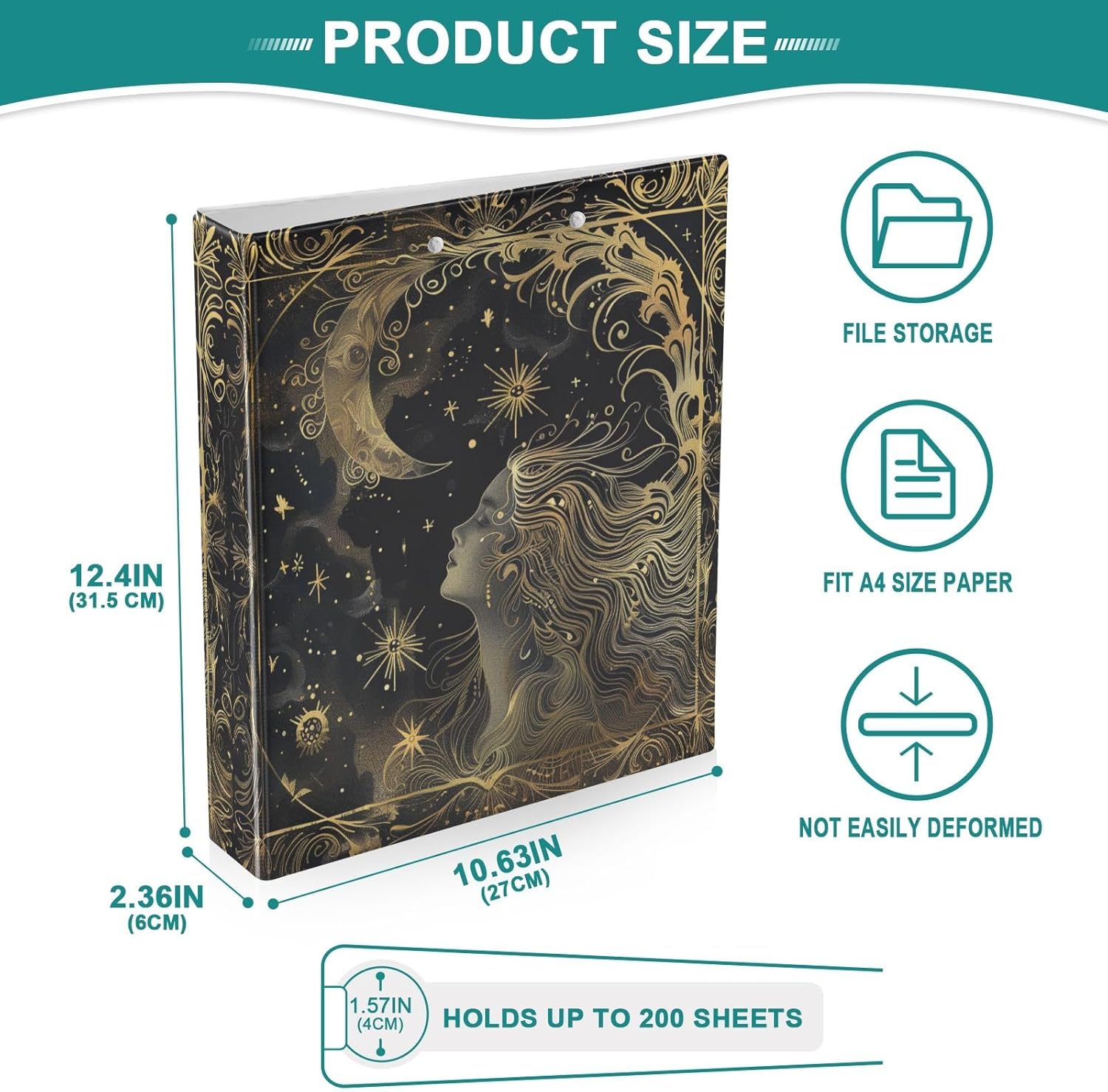 Moon Goddess Stars 3 Ring Binders with Clipboard File Folder for Office School with Pocket