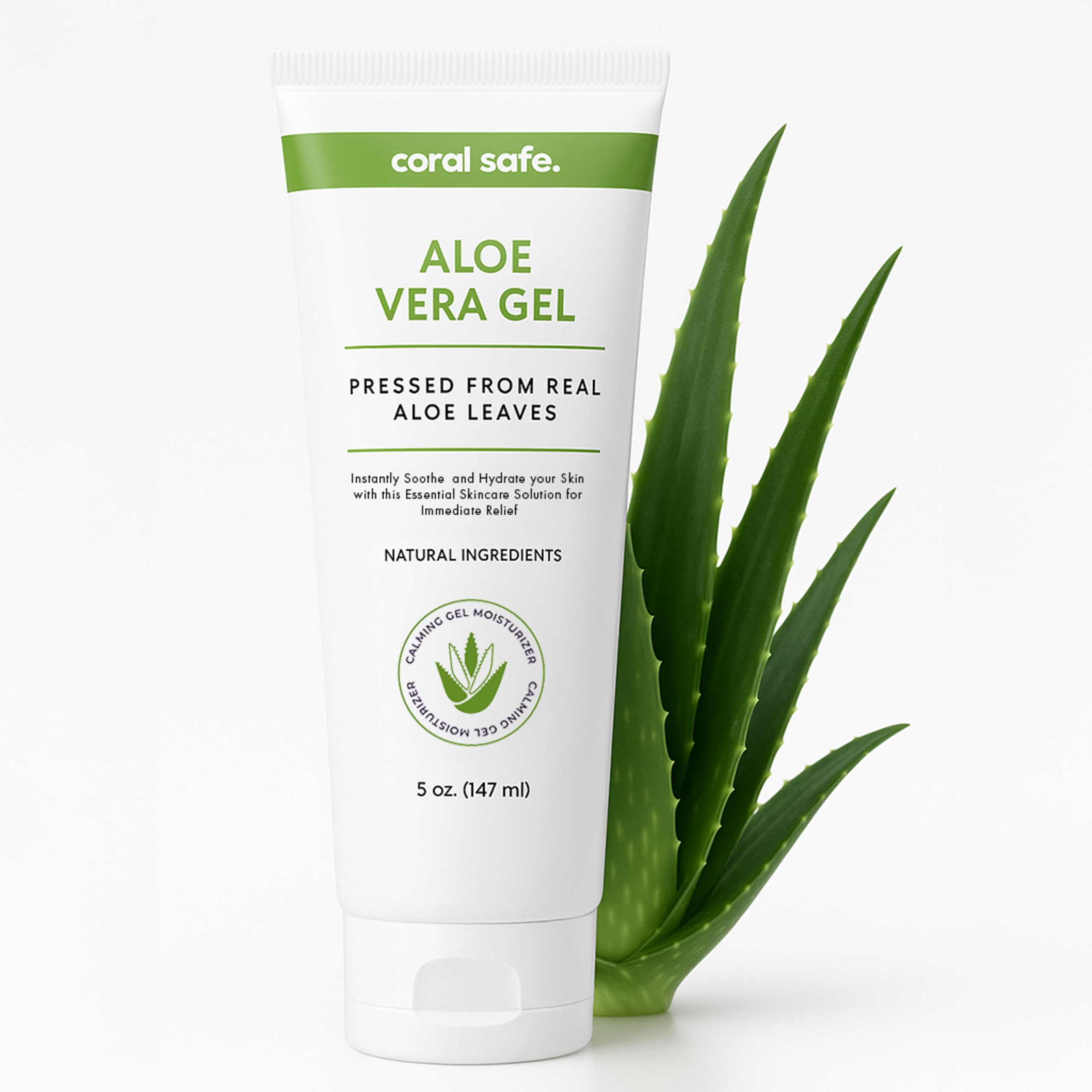 Coral Safe Aloe Vera Gel For Face & Body, Sunburn Relief, 99% Pure Aloe Pressed from Real Aloe Leaves, Cooling Gel, Soothes & Hydrates Skin. Made with Natural Ingredients. Non-Greasy, Unscented