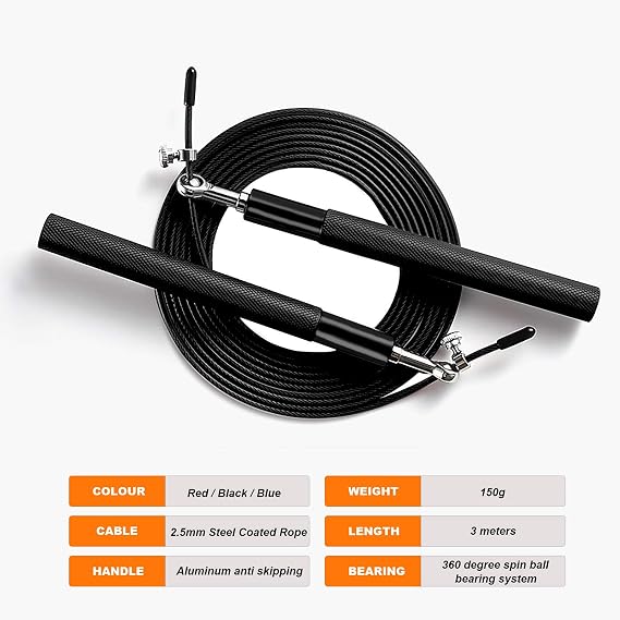 Speed Jump Rope - 360 Swivel Ball Bearing - Adjustable steel coated rope-Aluminum Anti Skipping Handle -Fitness Training Boxing Sports Exercises -Suitable for Kids and Adults