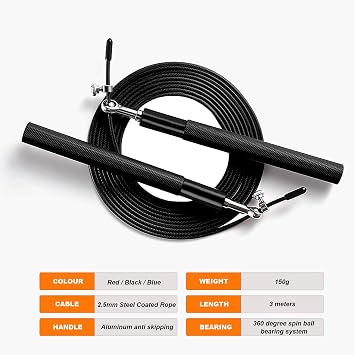 Speed Jump Rope - 360 Swivel Ball Bearing - Adjustable steel coated rope-Aluminum Anti Skipping Handle -Fitness Training Boxing Sports Exercises -Suitable for Kids and Adults