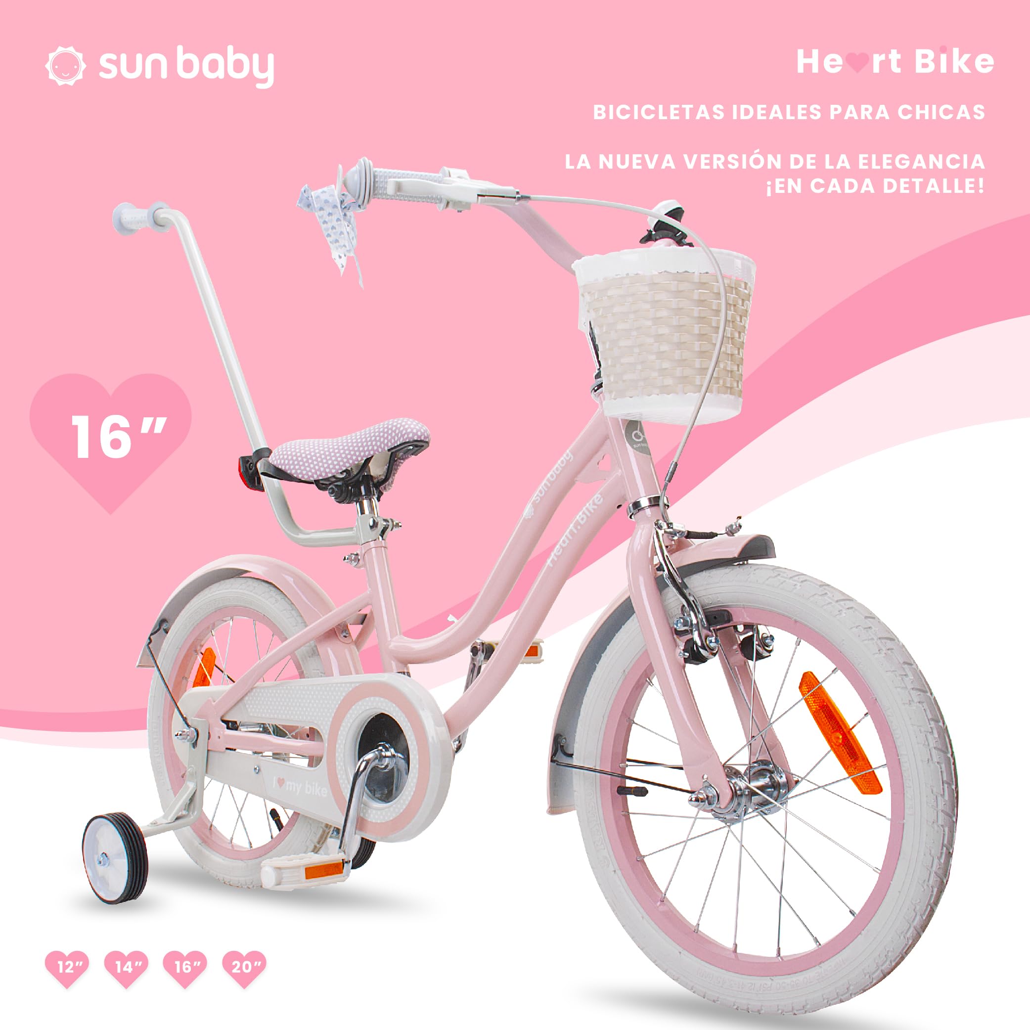 sun baby Heart Bike Bicicleta Infantil para niña 12/14/16 Pulgadas, con ruedines, Barra de Empuje, Cesta, Timbre, Freno contrapedal y V-Brake