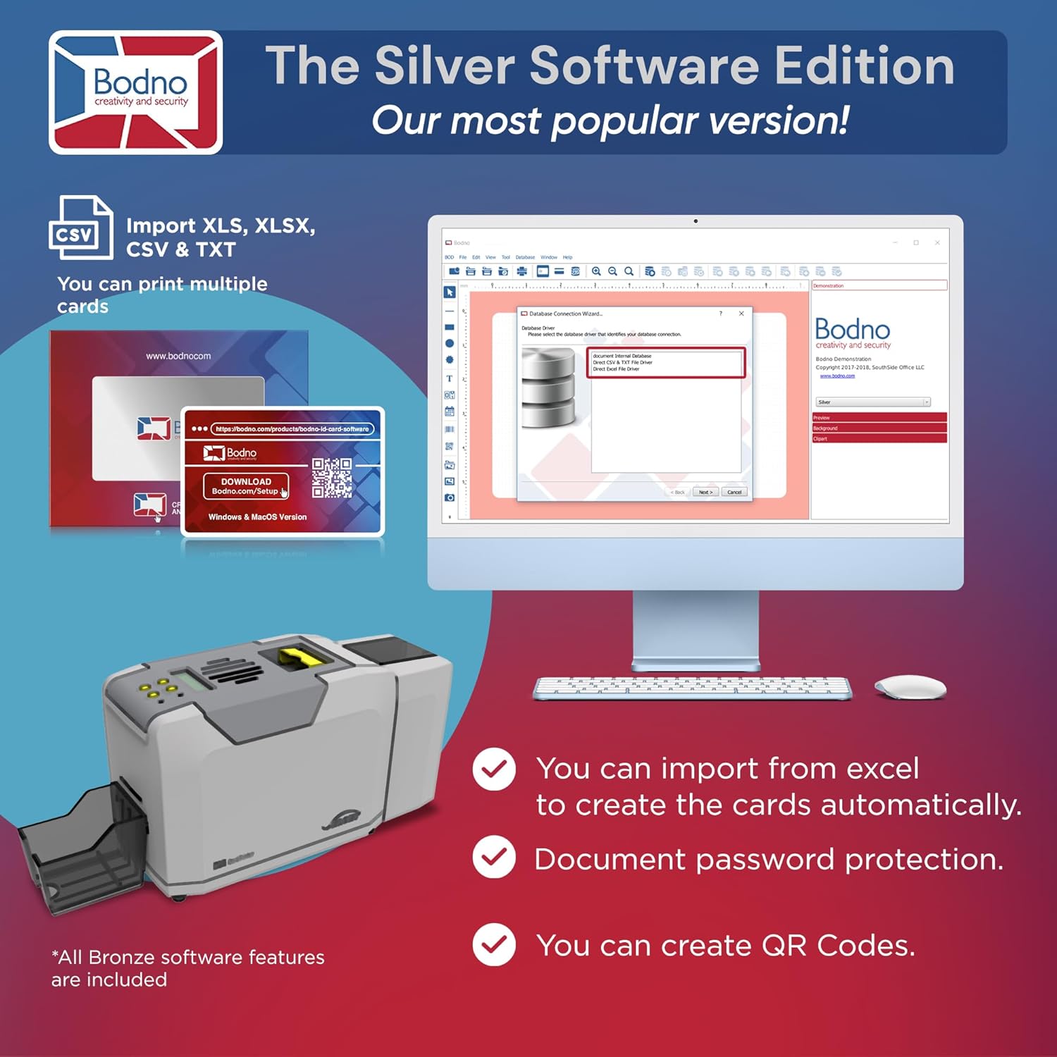 Bodno Seaory S28 Dual Sided ID Card Printer & Complete Supplies Package ID Software and Camera - Gold Edition
