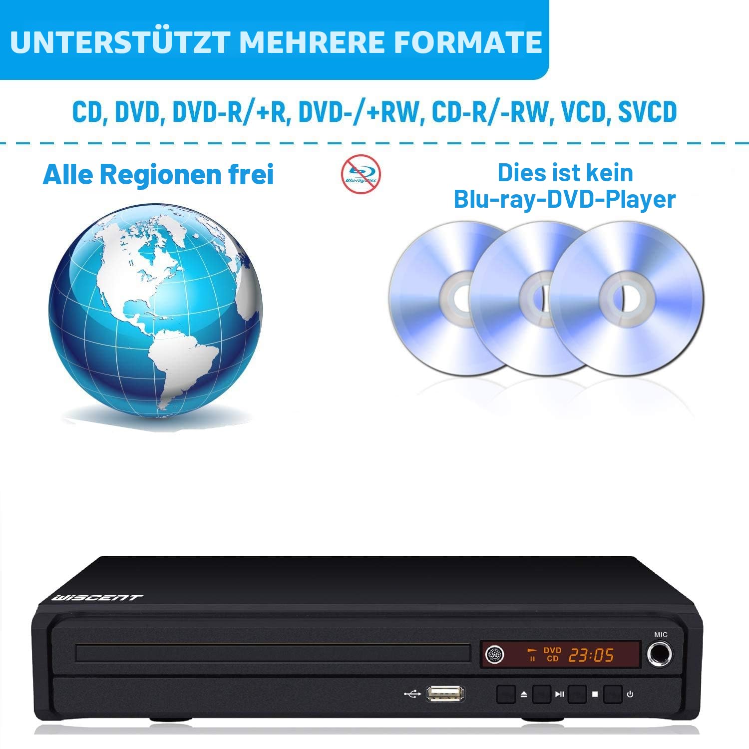 DVD-Player - Für TV mit HDMI, HD1080P DVD-CD-Player, USB-Eingang, PAL-NTSC-System, alle Regionen frei, HDMI-/AV-Kabel im Lieferumfang