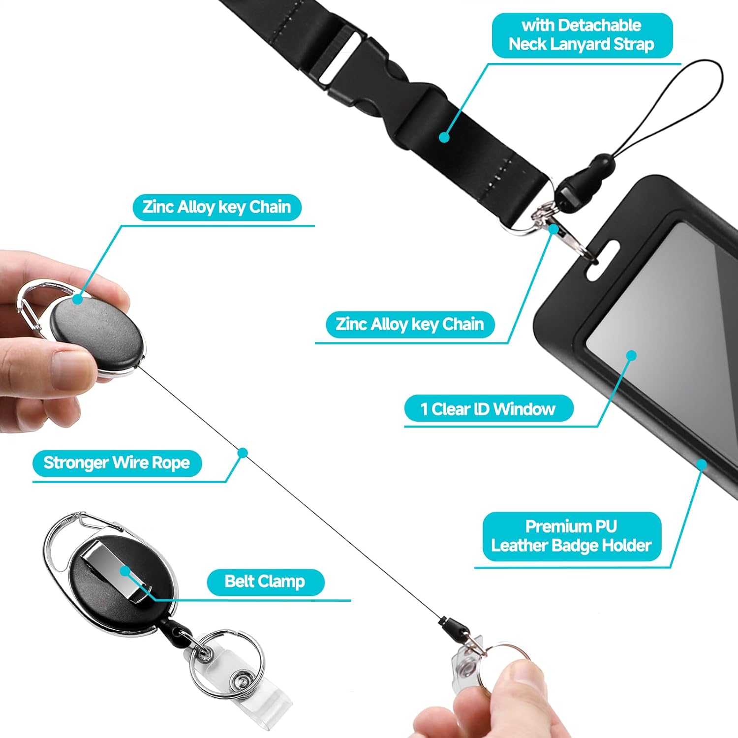 2PCS PIV Card Holder-1 Retratable Reel PIV Card Bage and 1 Lanyard PIV Card Case,Black - Image 3