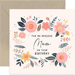 Old English Co. Söta födelsedagskort till mamma – 'Amazing Mum' födelsedagspresenter till henne – blommigt konstverk grattis på födelsedagskort för kvinnor – för familj | blank insida