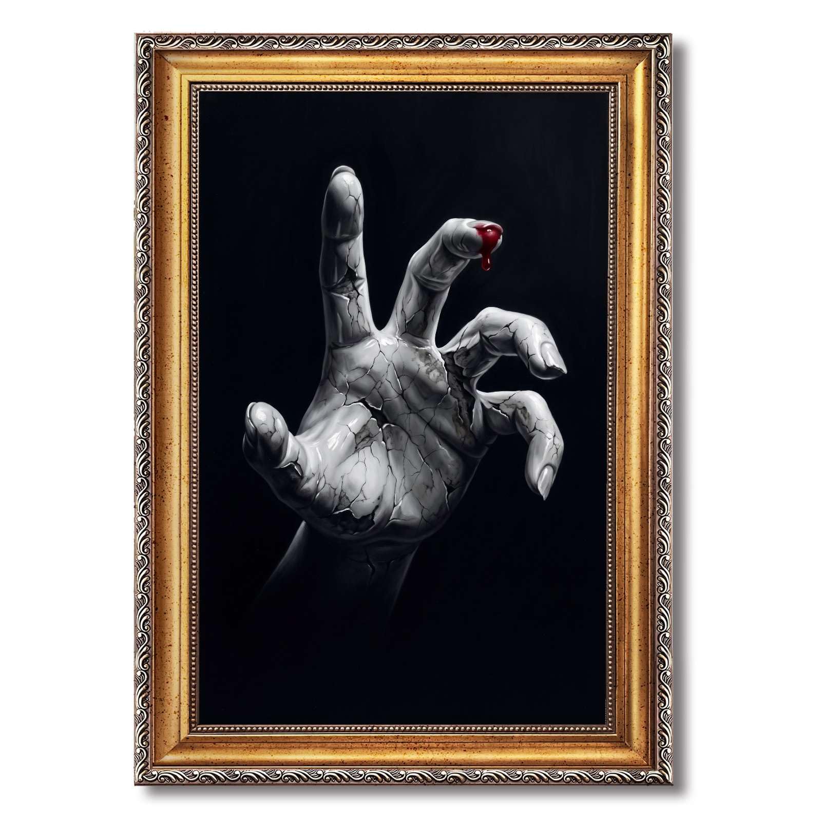 Poster incorniciato con mano in pietra crepata e goccia rossa, stampa su te